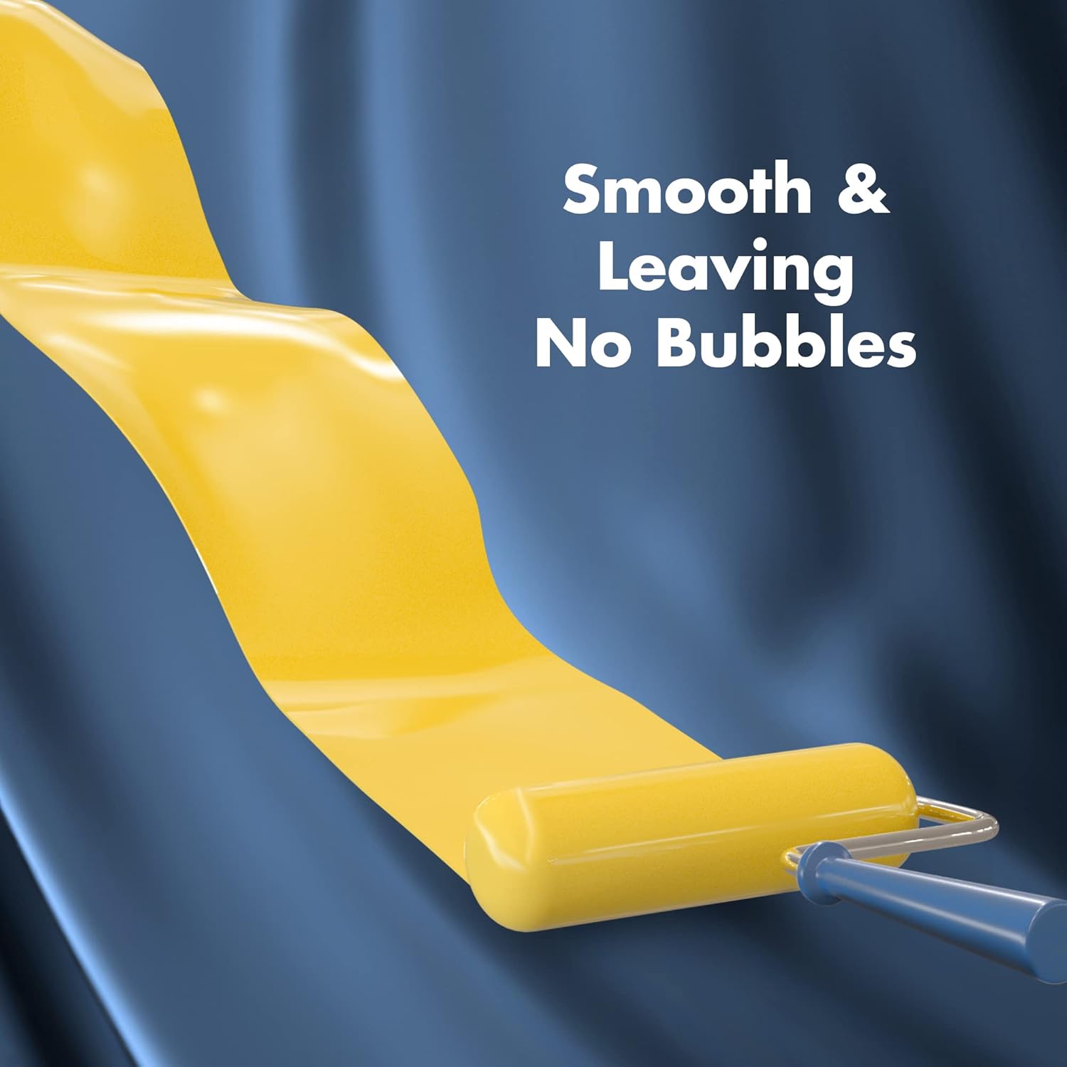Mini foam roller on yellow handle, smooth coverage with no visible bubbles on surface