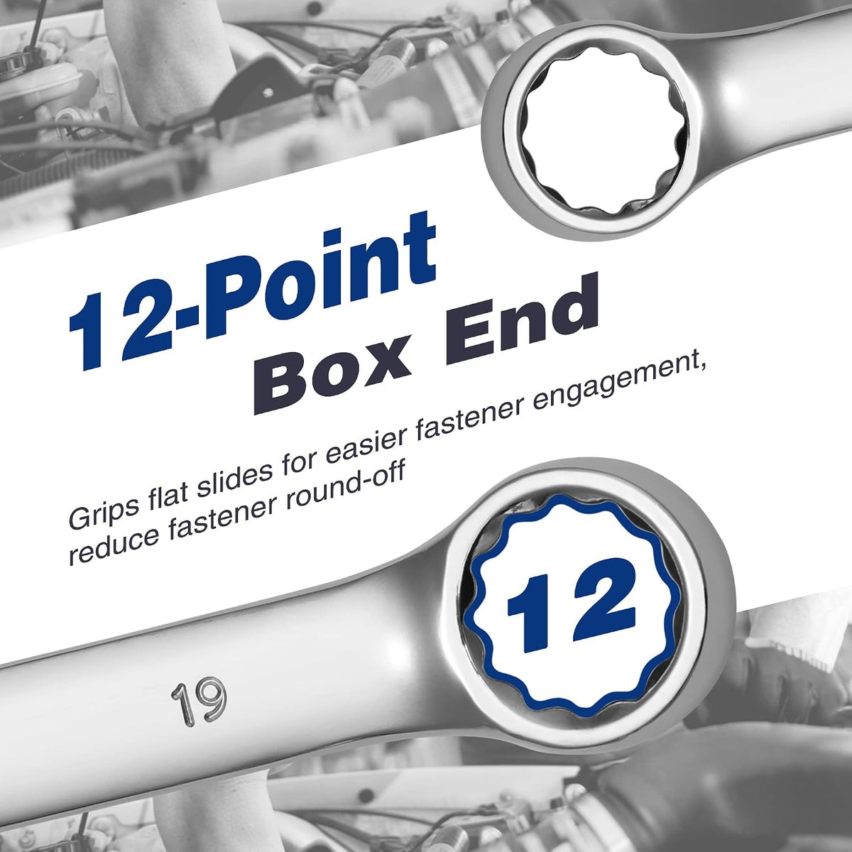 12-point box-end wrench with open end, chrome finish, size marked on the wrench.