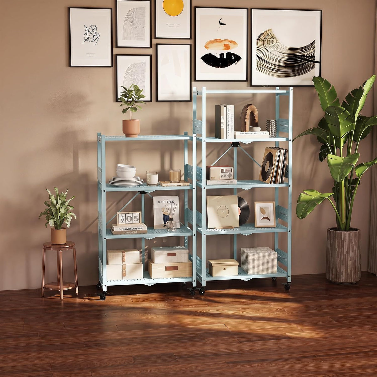 Blue metal 5-tier folding rack with open shelves and caster wheels in a room