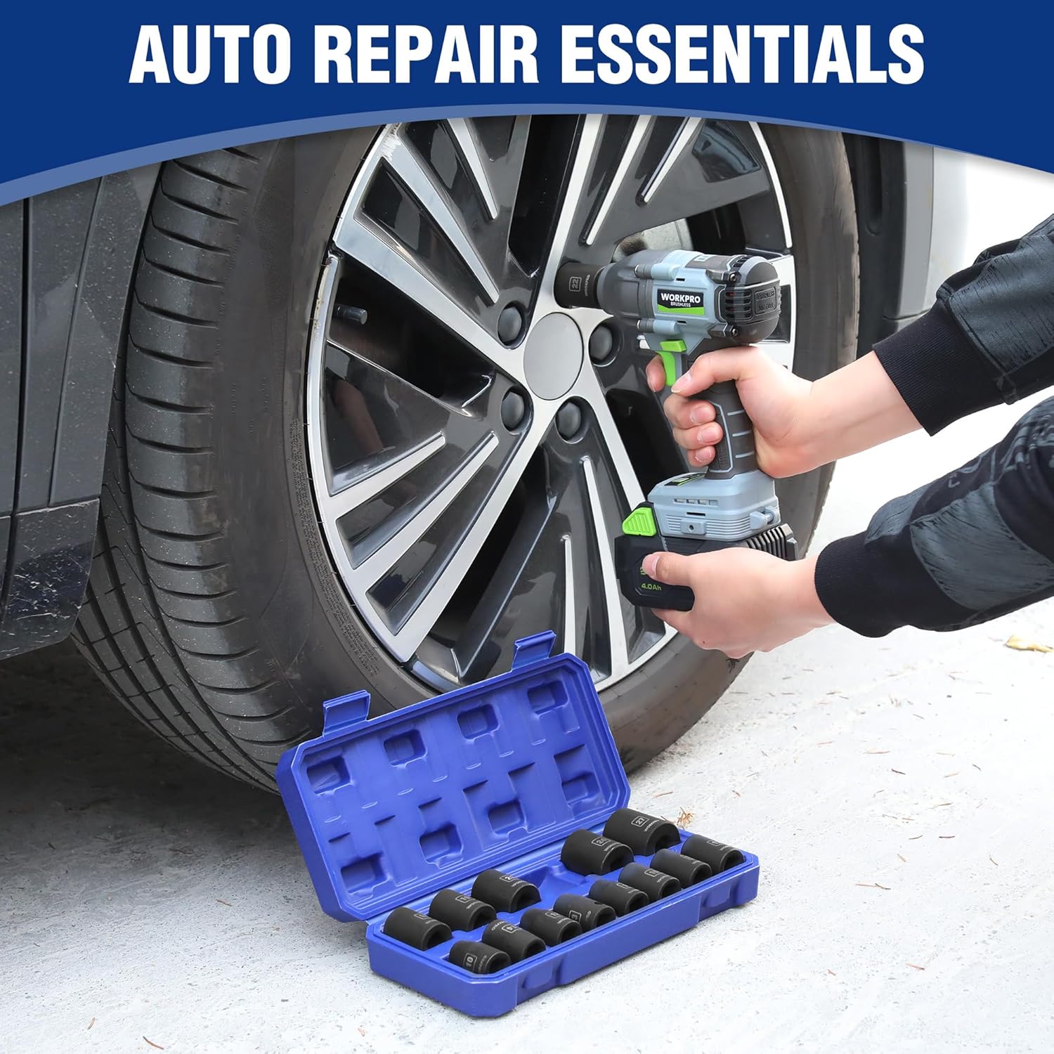 WORKPRO 1/2in drive shallow impact socket set for automotive wheel repairs