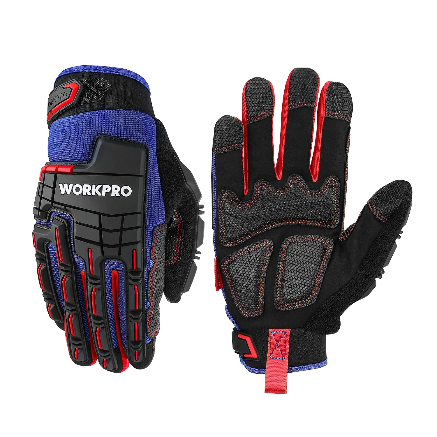 WORKPRO heavy duty work gloves in black synthetic leather with PVC non-slip grip, touch screen fingertips and red accents