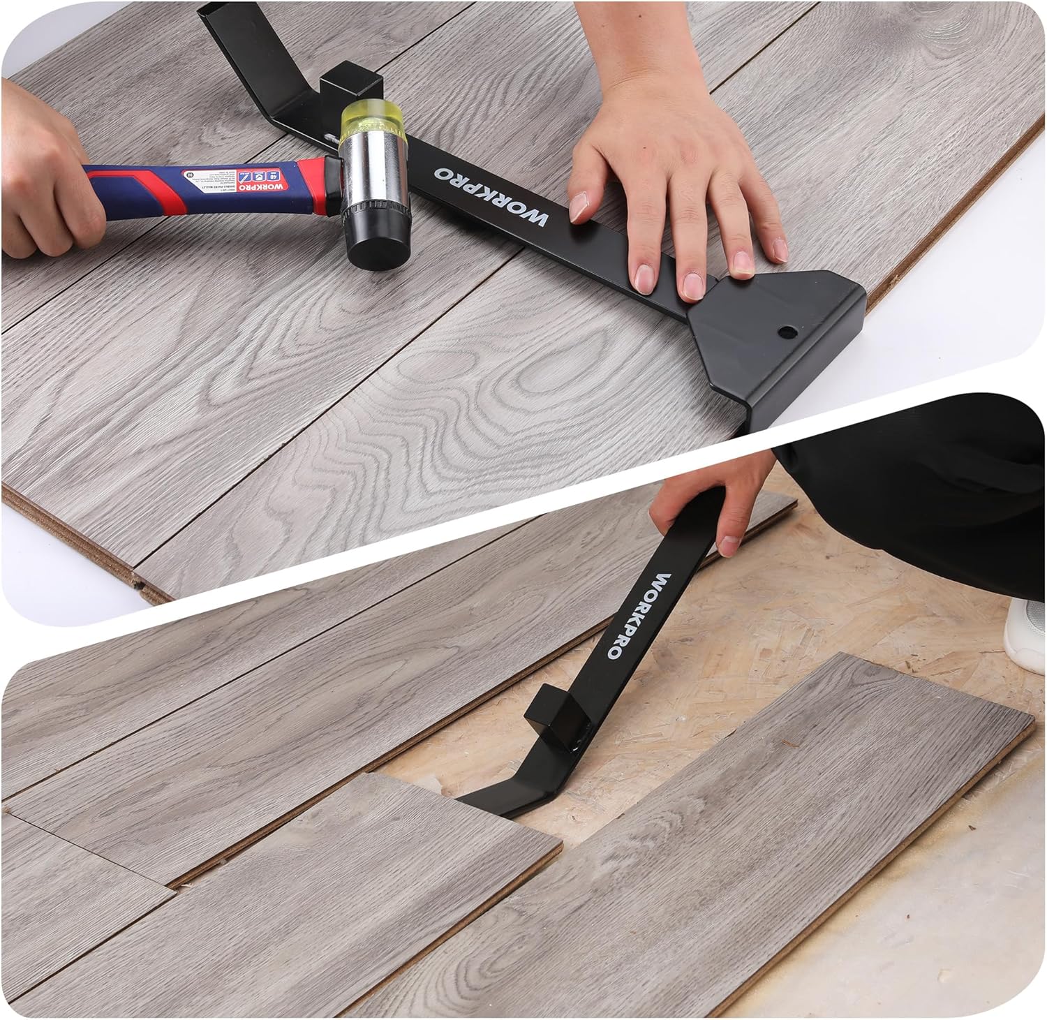 Black L-shaped pull and pry bar in use to lift vinyl plank flooring edges