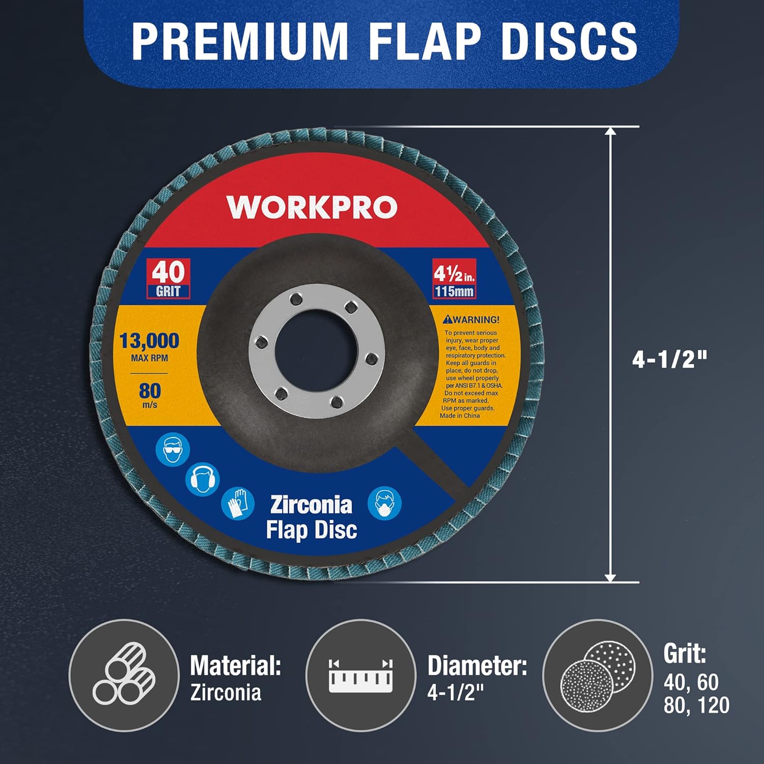 Zirconia flap disc diagram, 4-1/2 in, grits 40/60/80/120
