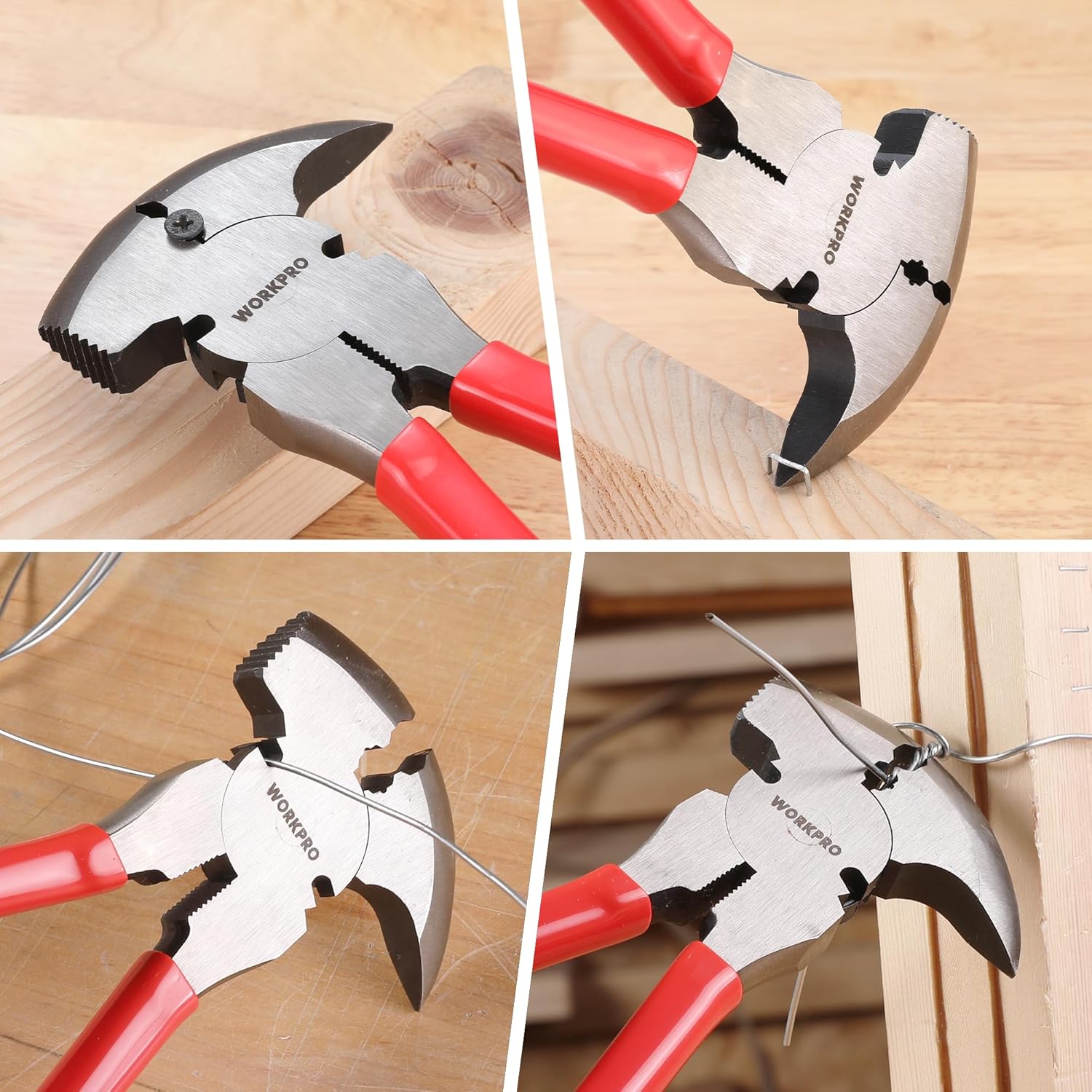 Fencing pliers with red handles and serrated steel head for gripping wire
