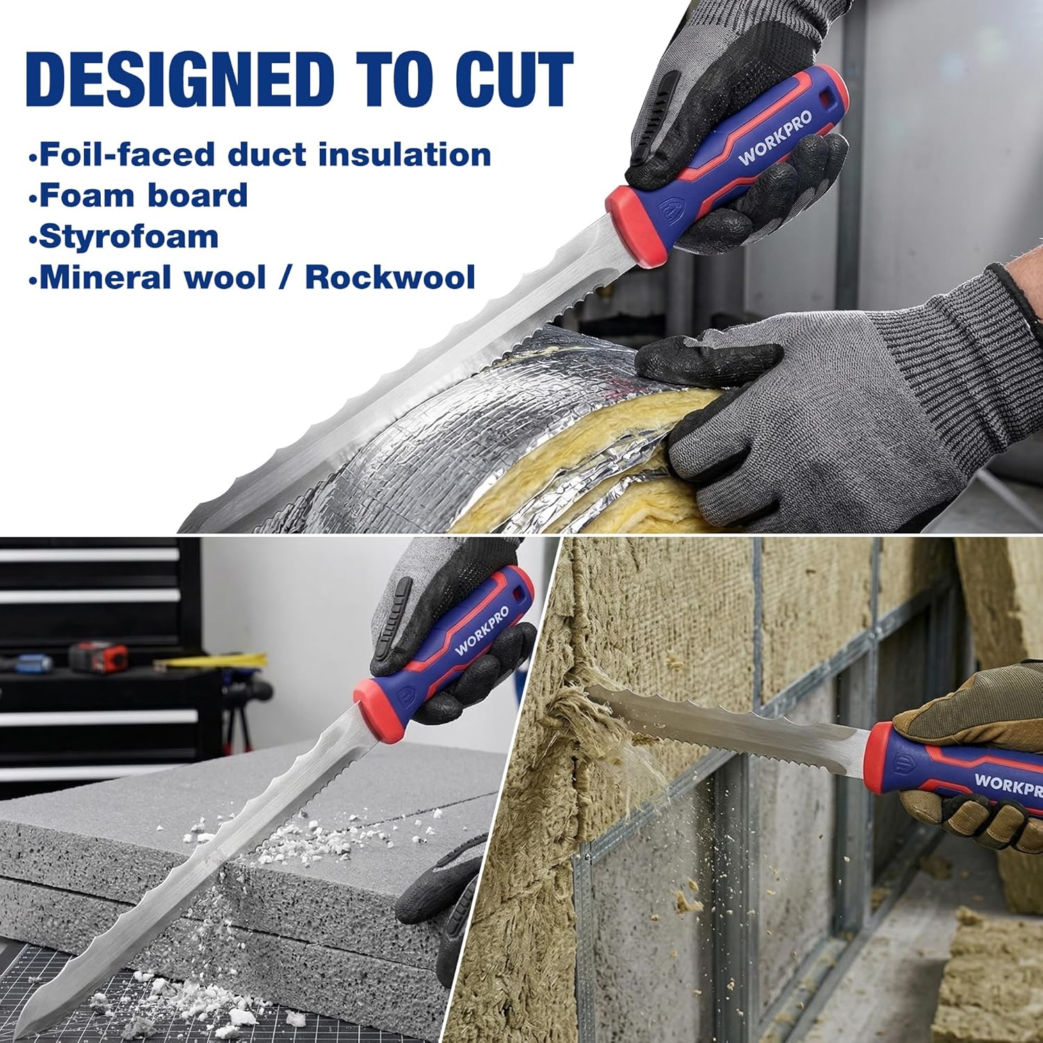 WORKPRO insulation knife with blue-and-red handle cutting foam insulation
