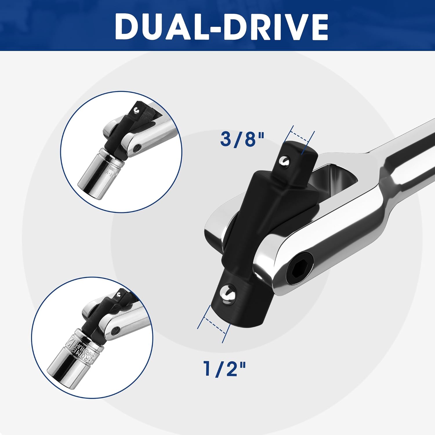 WORKPRO dual-drive breaker bar showing 3/8 in and 1/2 in drive heads with black adapter