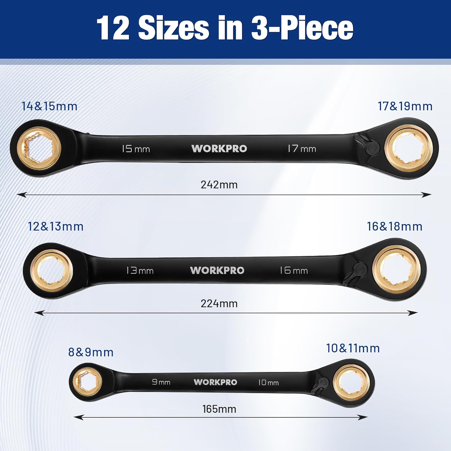 Reversible ratcheting wrench set with three double-ended wrenches showing metric sizes.