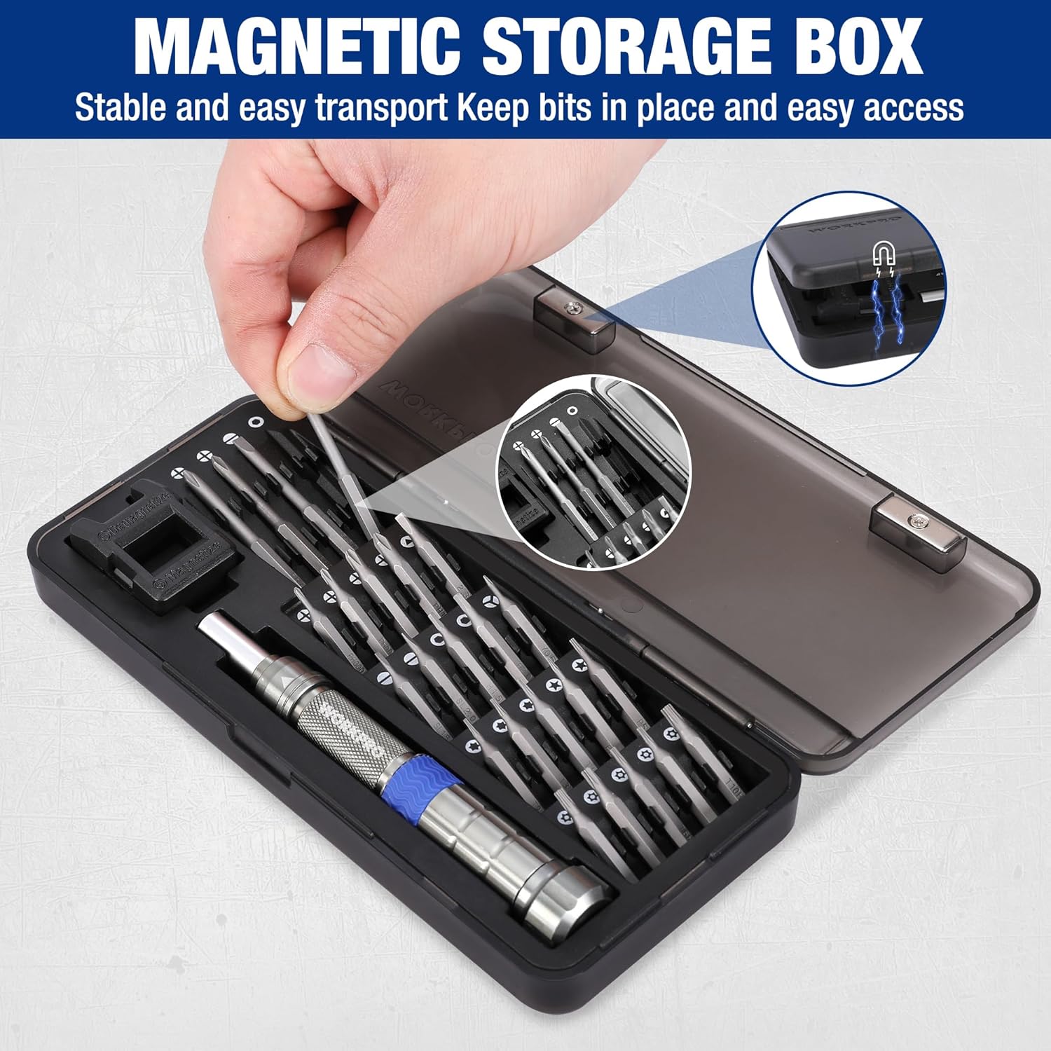 Magnetic storage box with bit slots and open compartments for precision screwdriver set