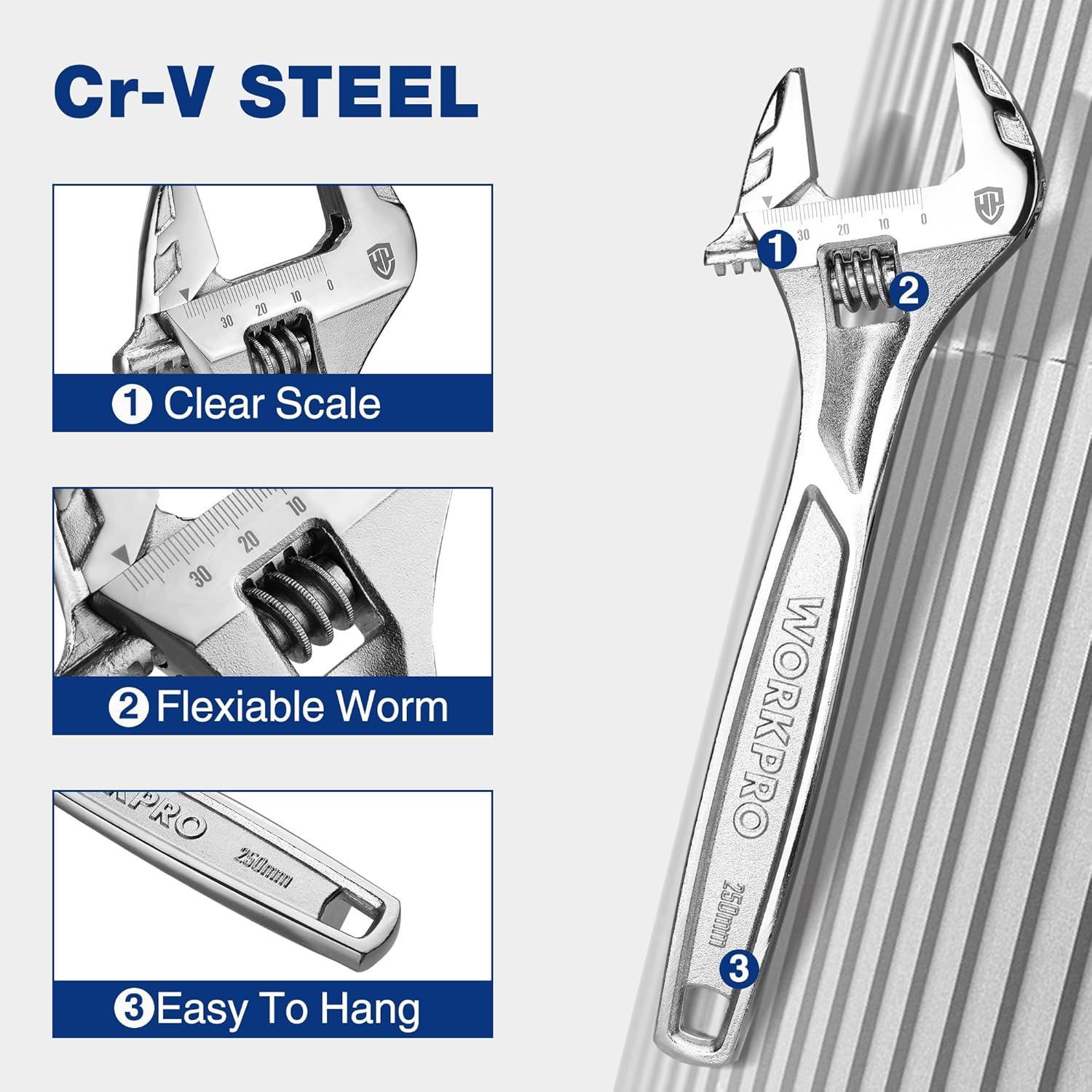 10-inch adjustable wrench made from Cr-V steel with clear scale on the jaw