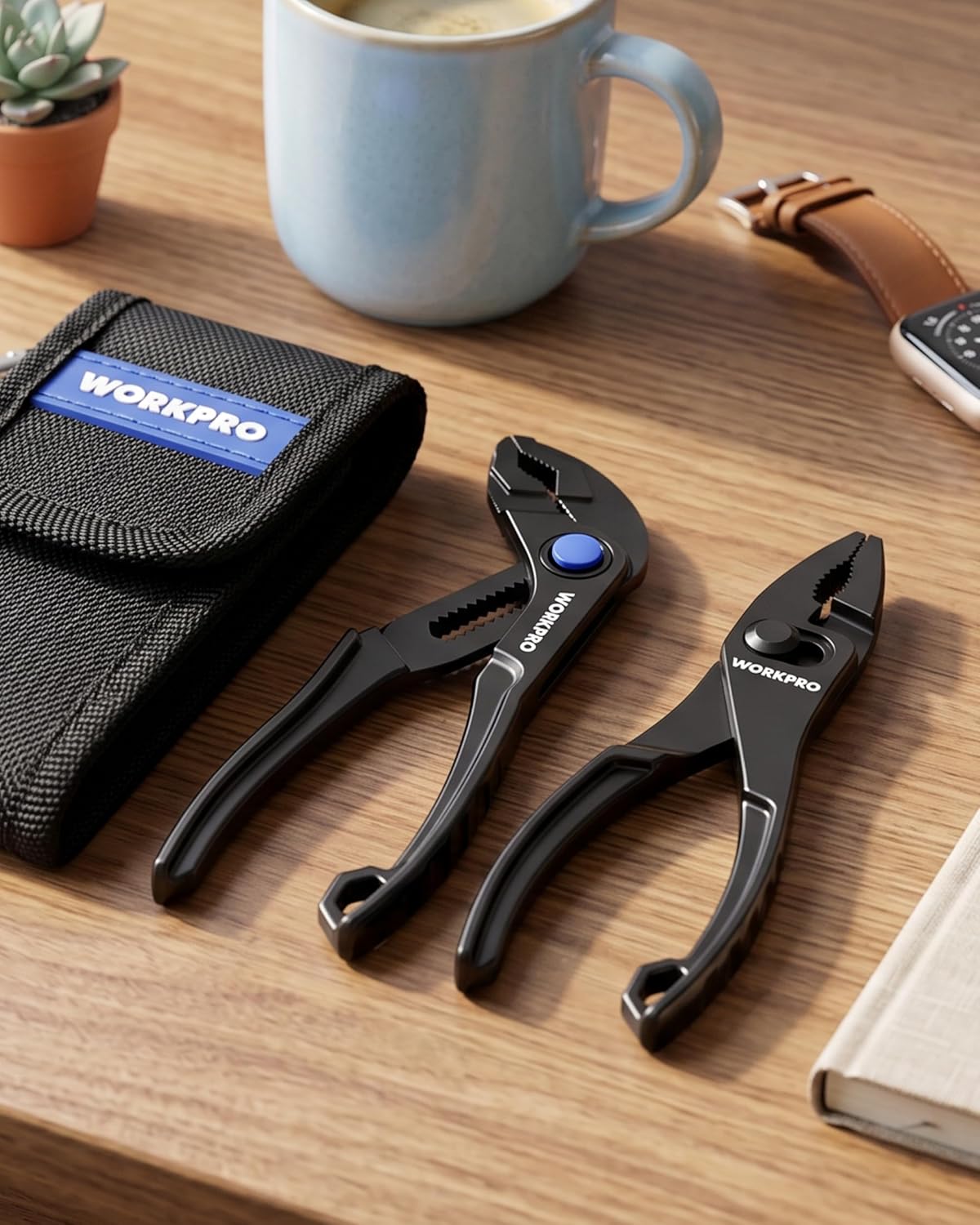 Pliers set with fabric pouch and two compact pliers on a wooden tabletop