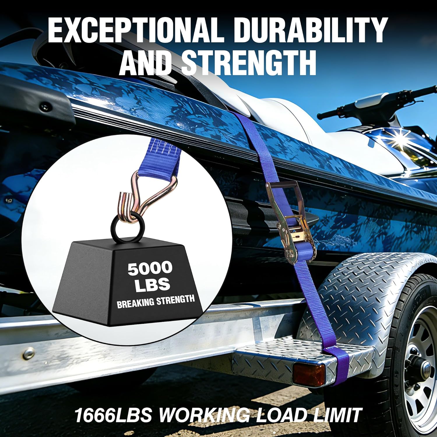 Blue ratchet tie-down strap with metal ratchet and S-hook ends