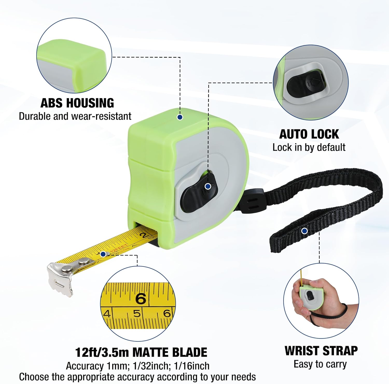 Light green mini tape measure with ABS housing, auto-lock button, and wrist strap