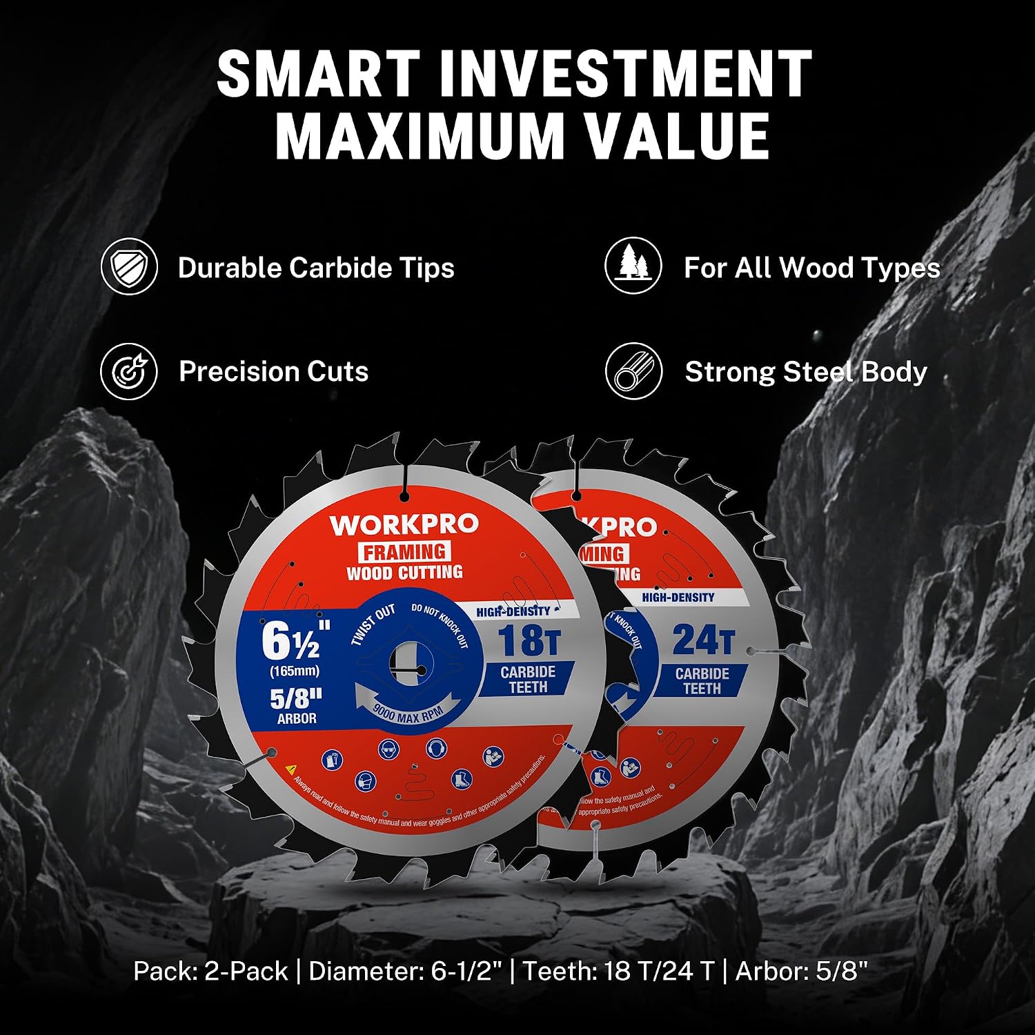 WORKPRO 2-pack circular saw blades, 6-1/2 in, 18T and 24T carbide tips