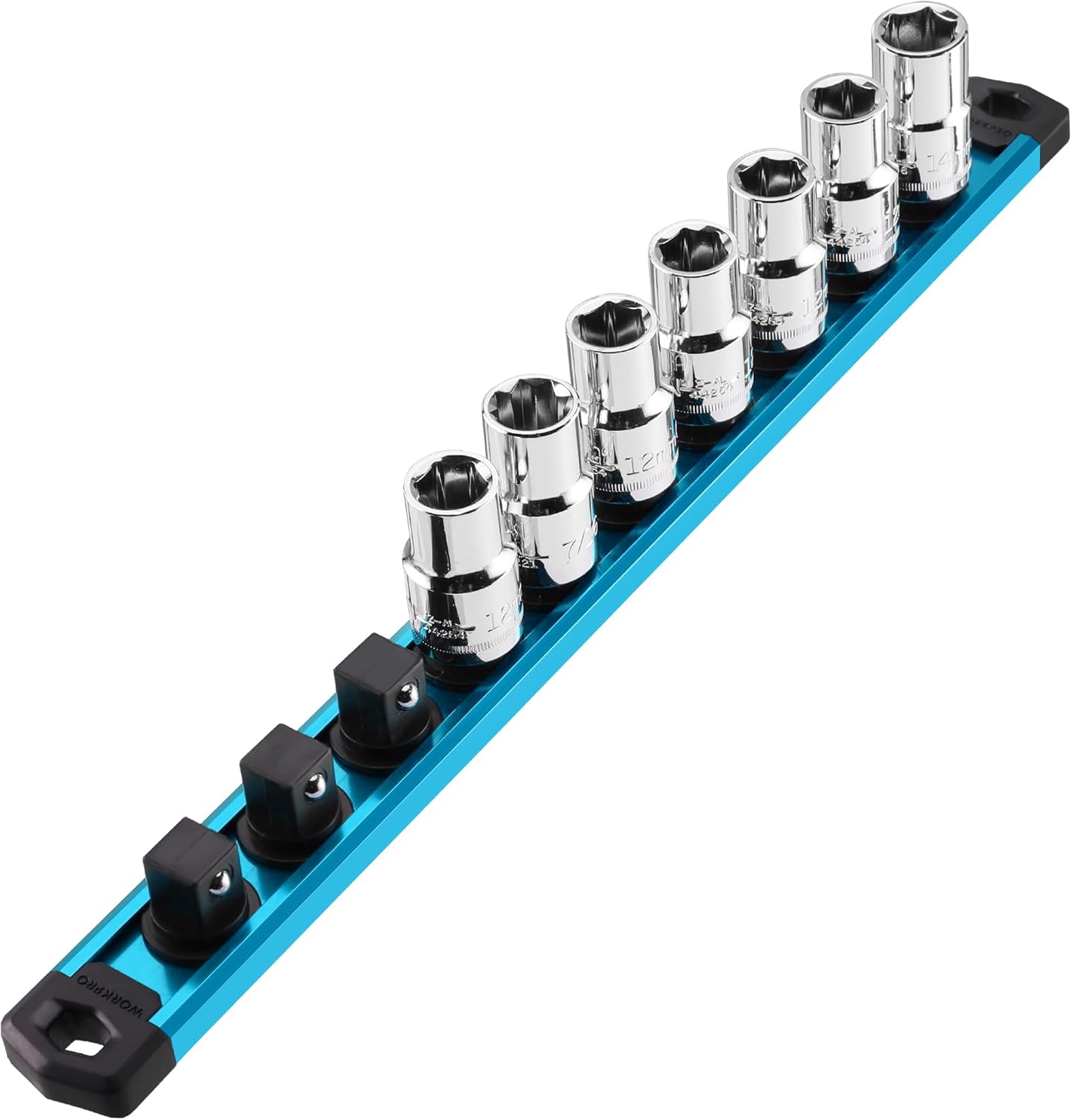 Sky blue socket rack rail with black magnetic bases holding a row of chrome sockets