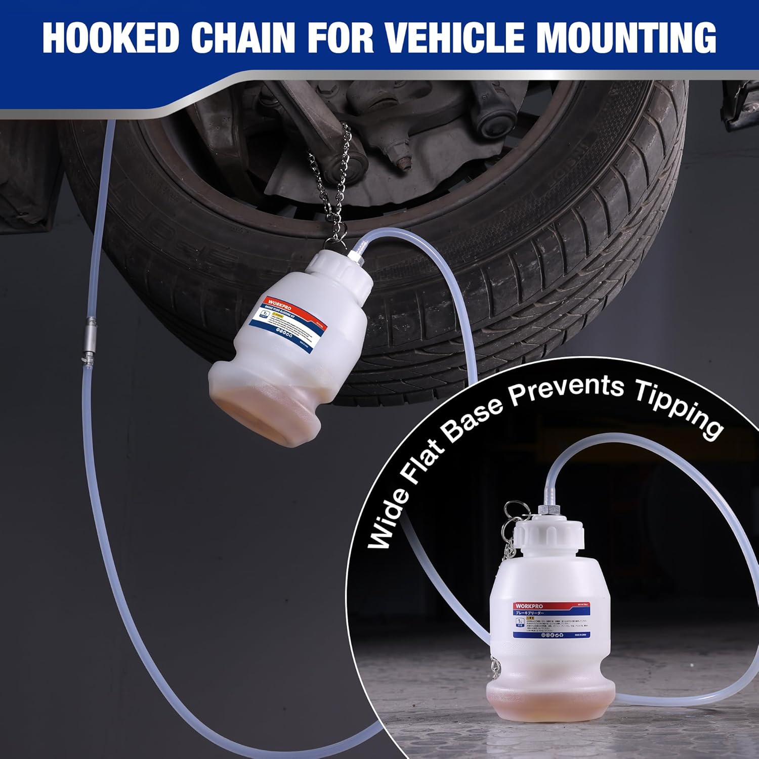 Brake bleeder bottle with hooked chain for mounting and wide flat base