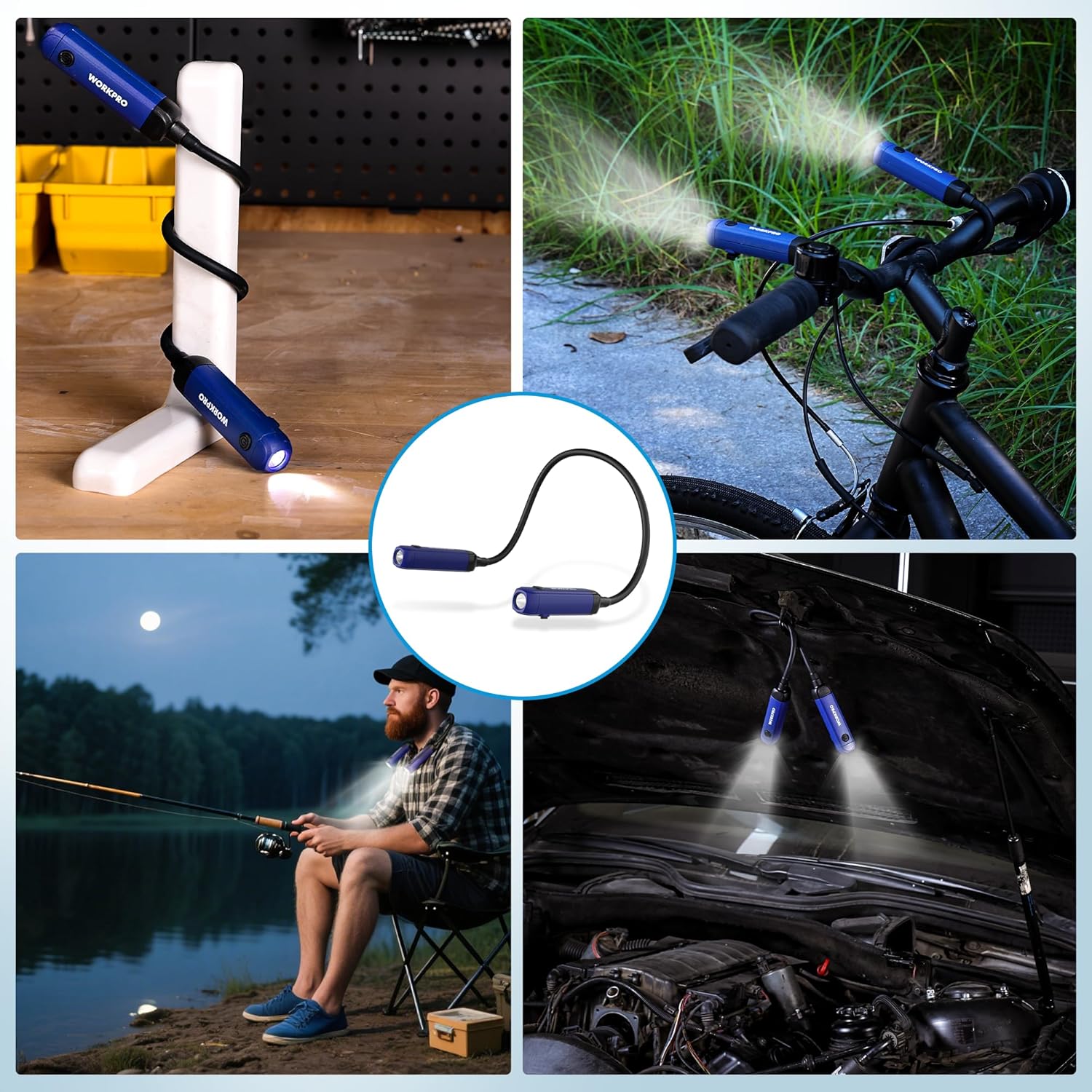 Blue neck light with flexible gooseneck, spotlighting detail for hands-free lighting