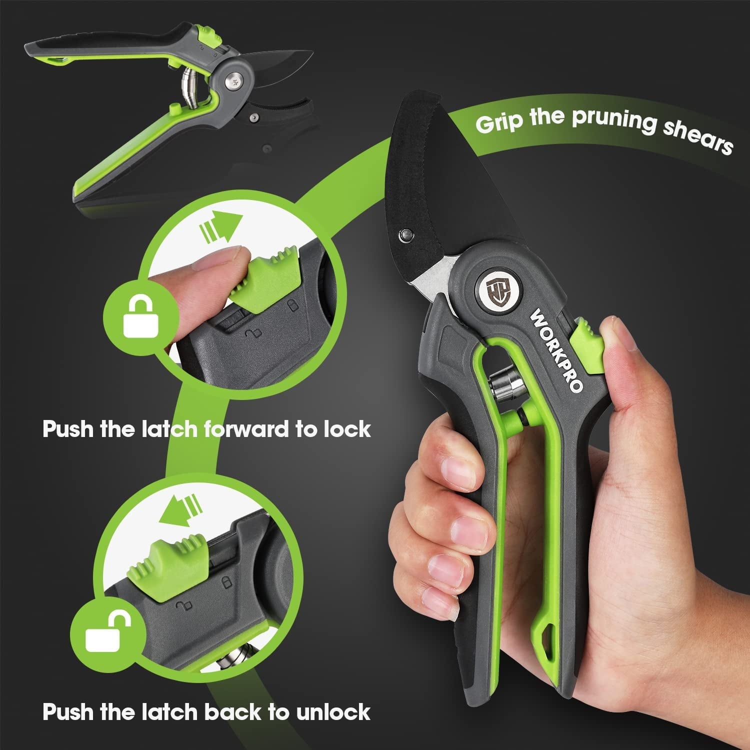 Green and black pruning shears safety lock latch, showing lock and unlock positions