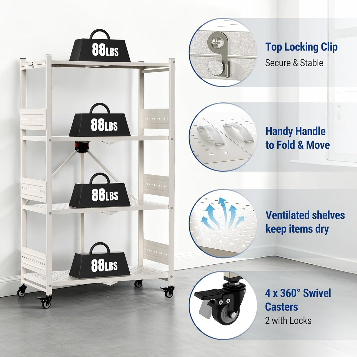 White 4-tier folding storage rack with vented shelves and top locking clips on casters.