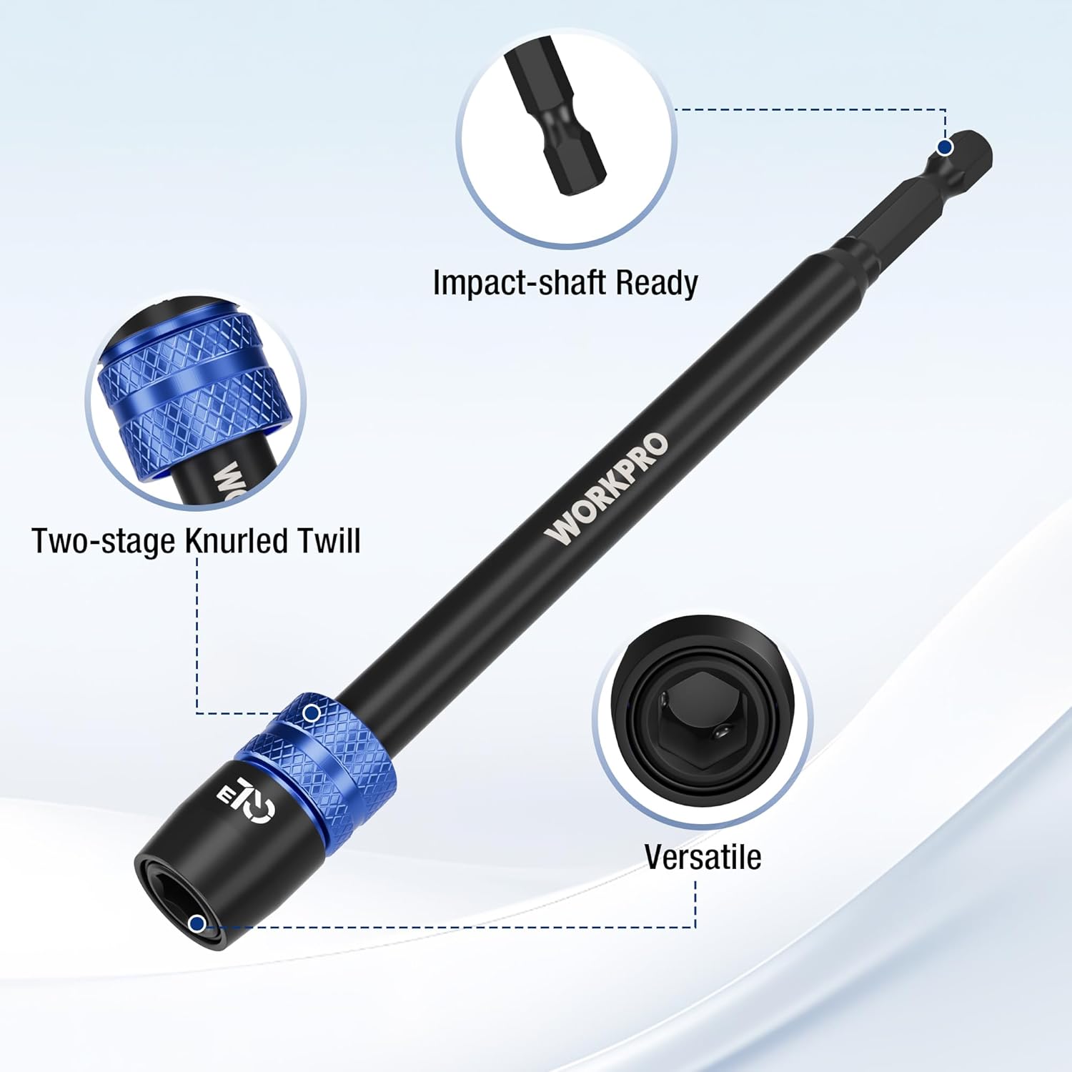 Two-stage knurled drill bit extension adapter for impact-shaft ready hex bits.