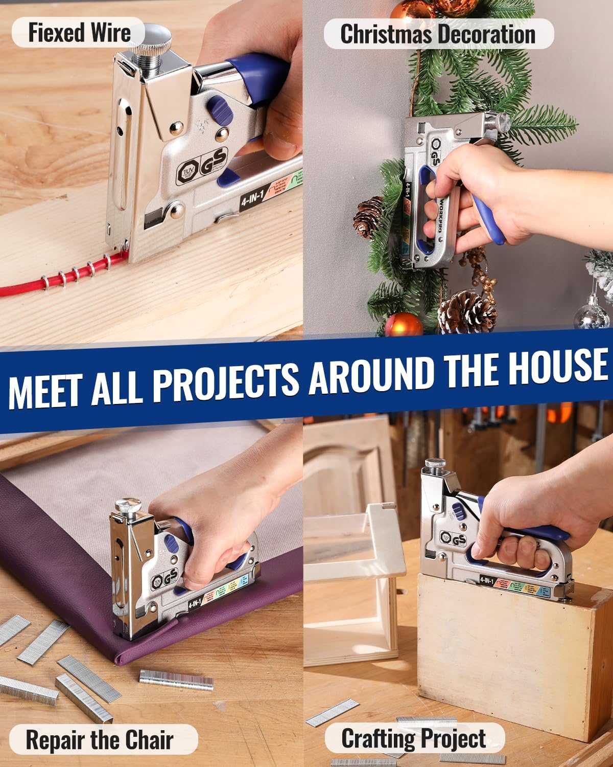 Manual stapler used to secure trim and decorative items on wood surfaces