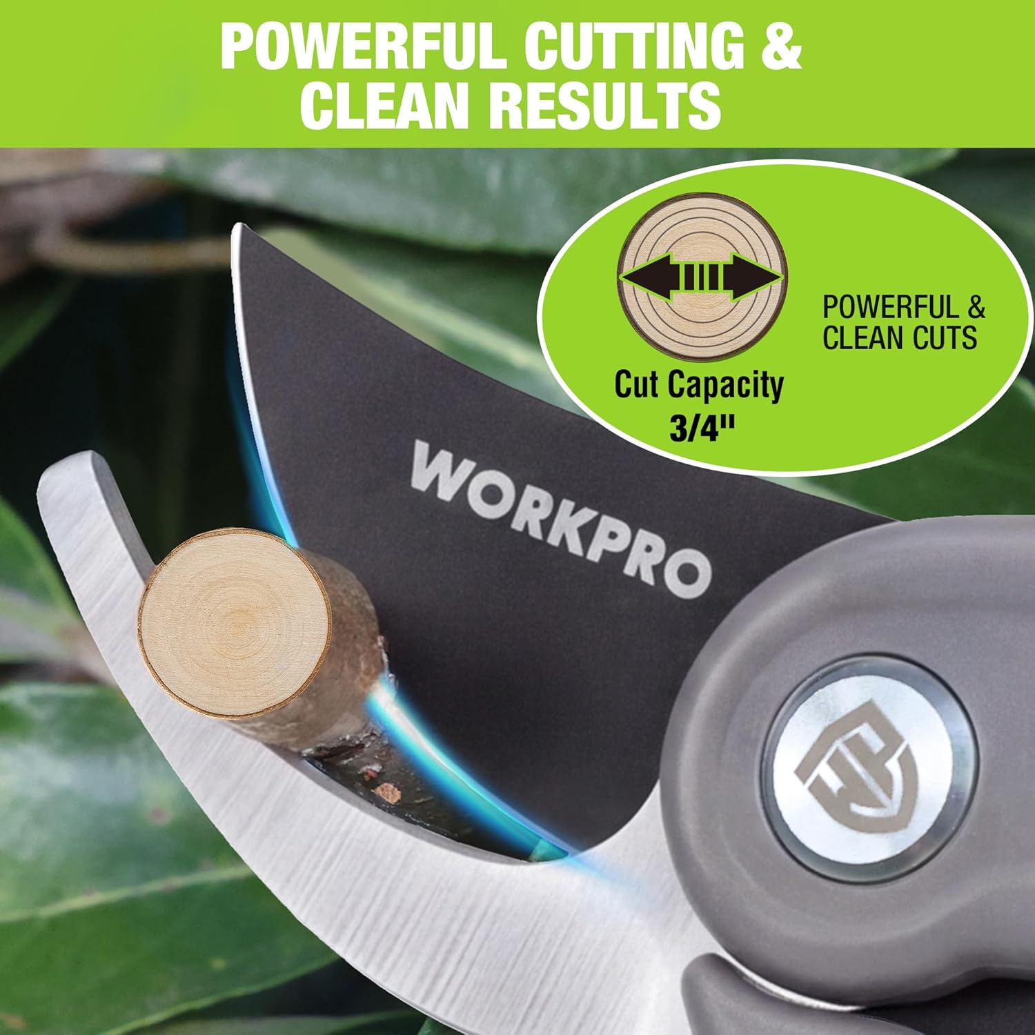 Bypass pruning shears with SK5 steel blades and WORKPRO logo on dark handle