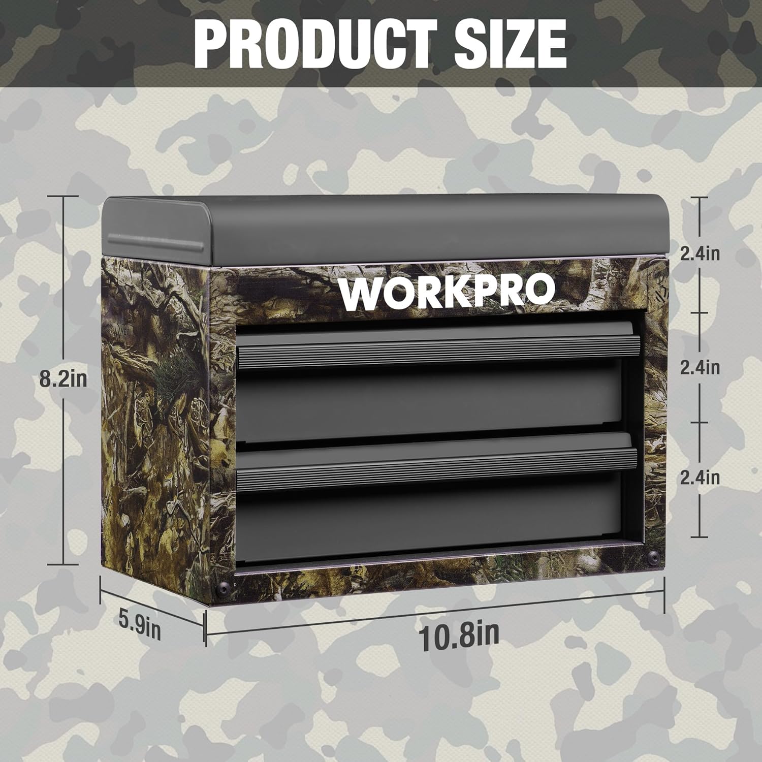 Camo mini metal tool box with gray lid and two drawers, front view