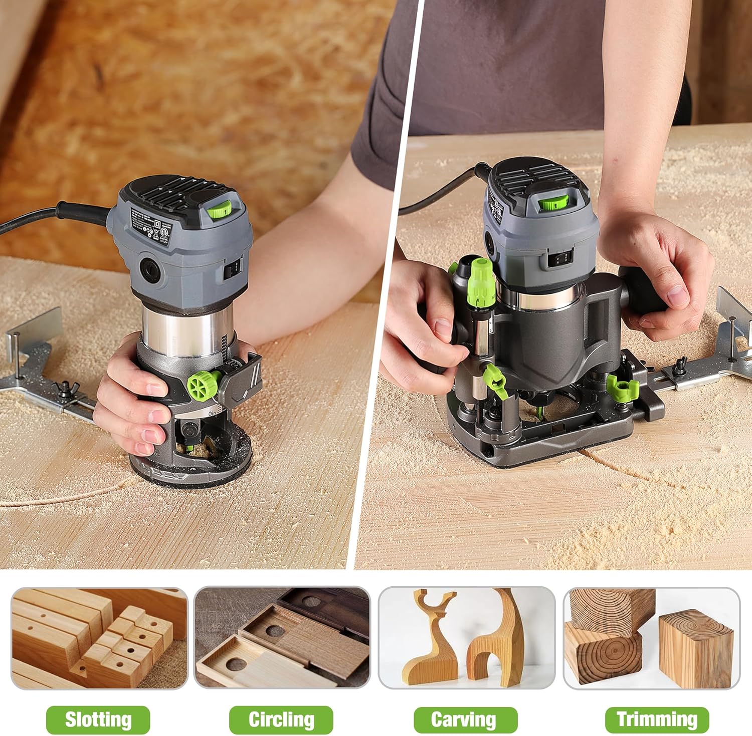 Hands operating compact router with depth controls on a wooden board