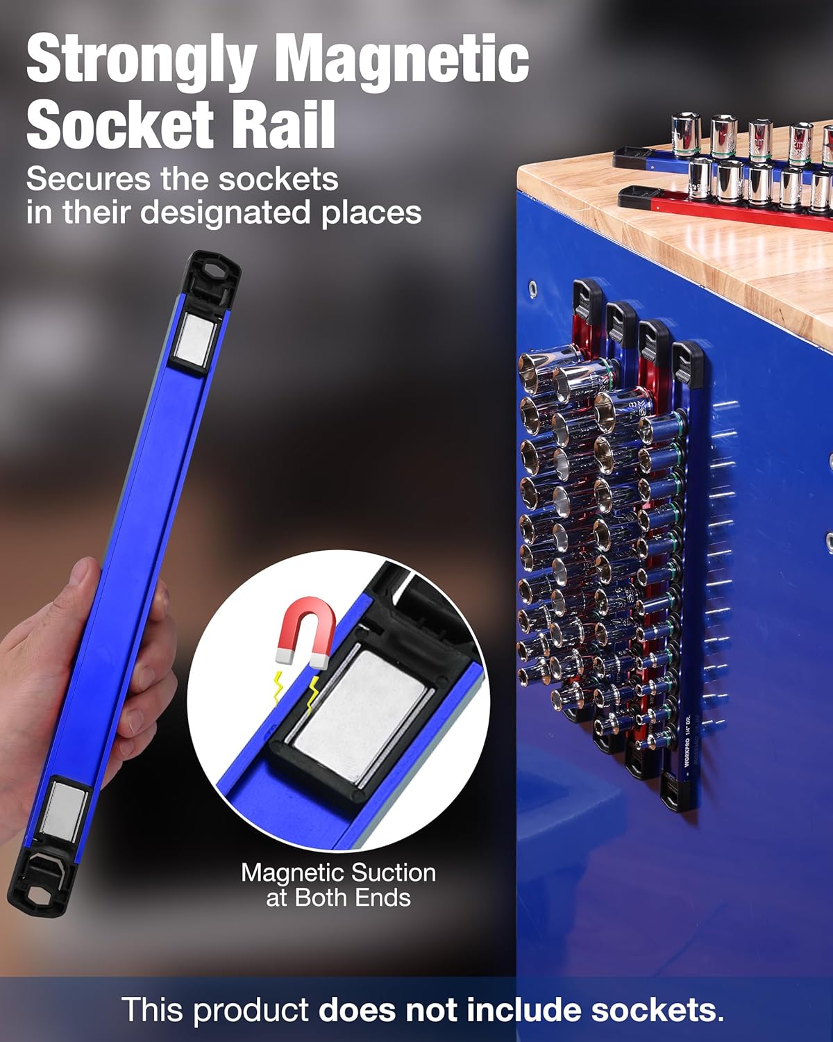 Magnetic socket holder rail with blue aluminum bar and four end suction zones