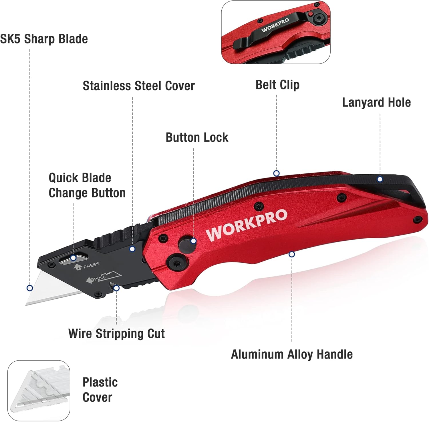 Red folding utility knife with belt clip, lanyard hole, button lock, quick blade change