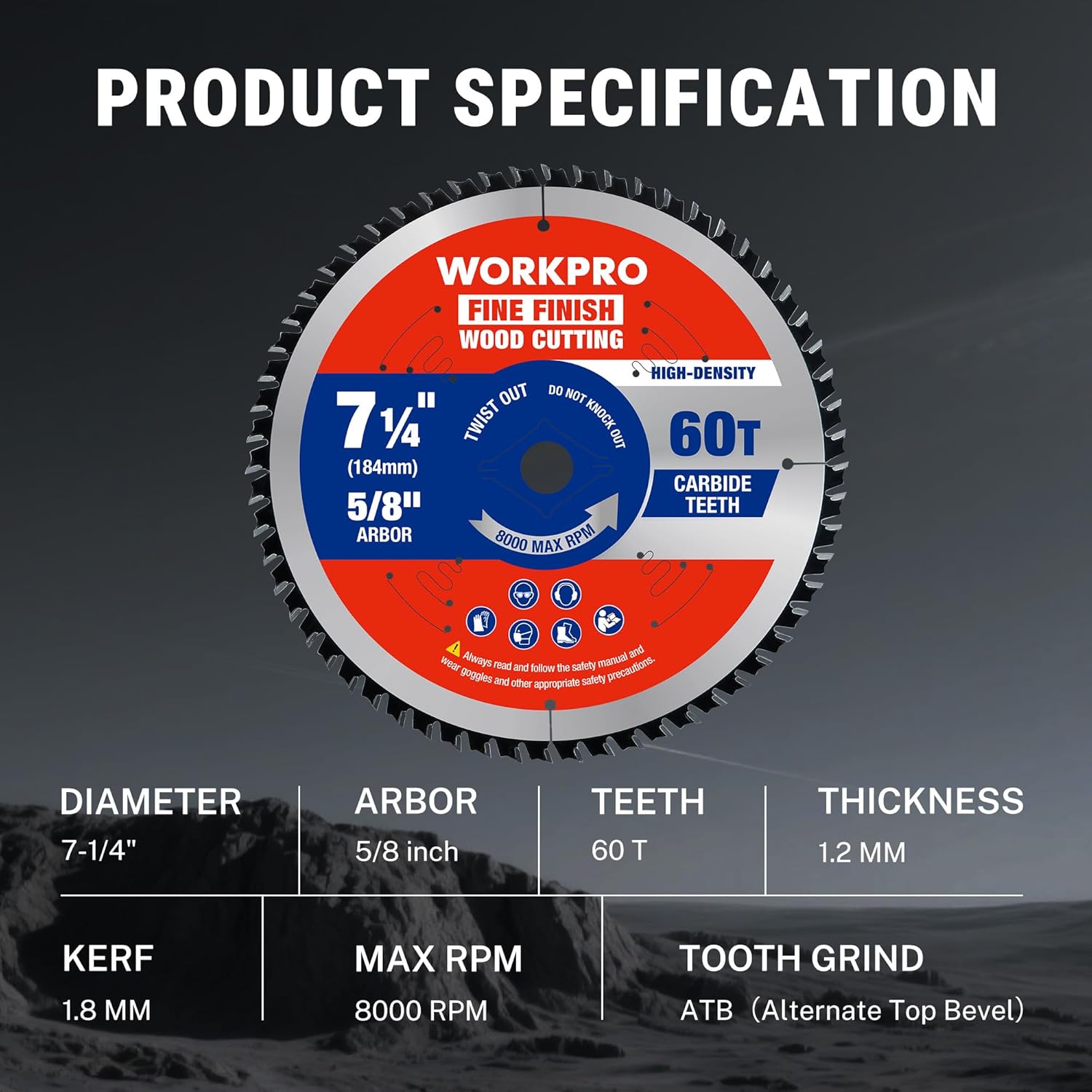 WORKPRO fine finish circular saw blade showing 7-1/4 in diameter and 60T carbide teeth
