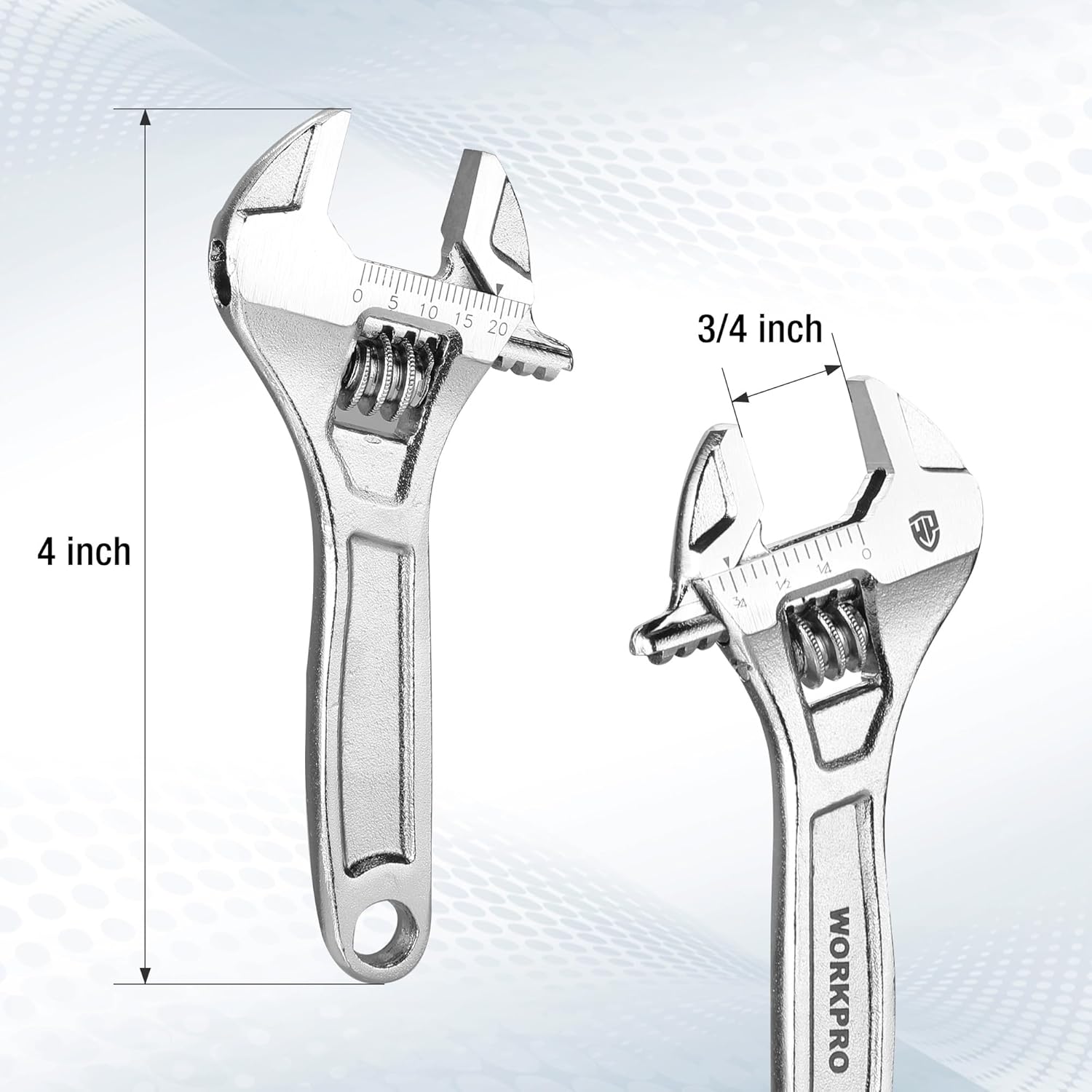 4-inch adjustable wrench with measurement scale on the open jaw and worm gear adjuster.