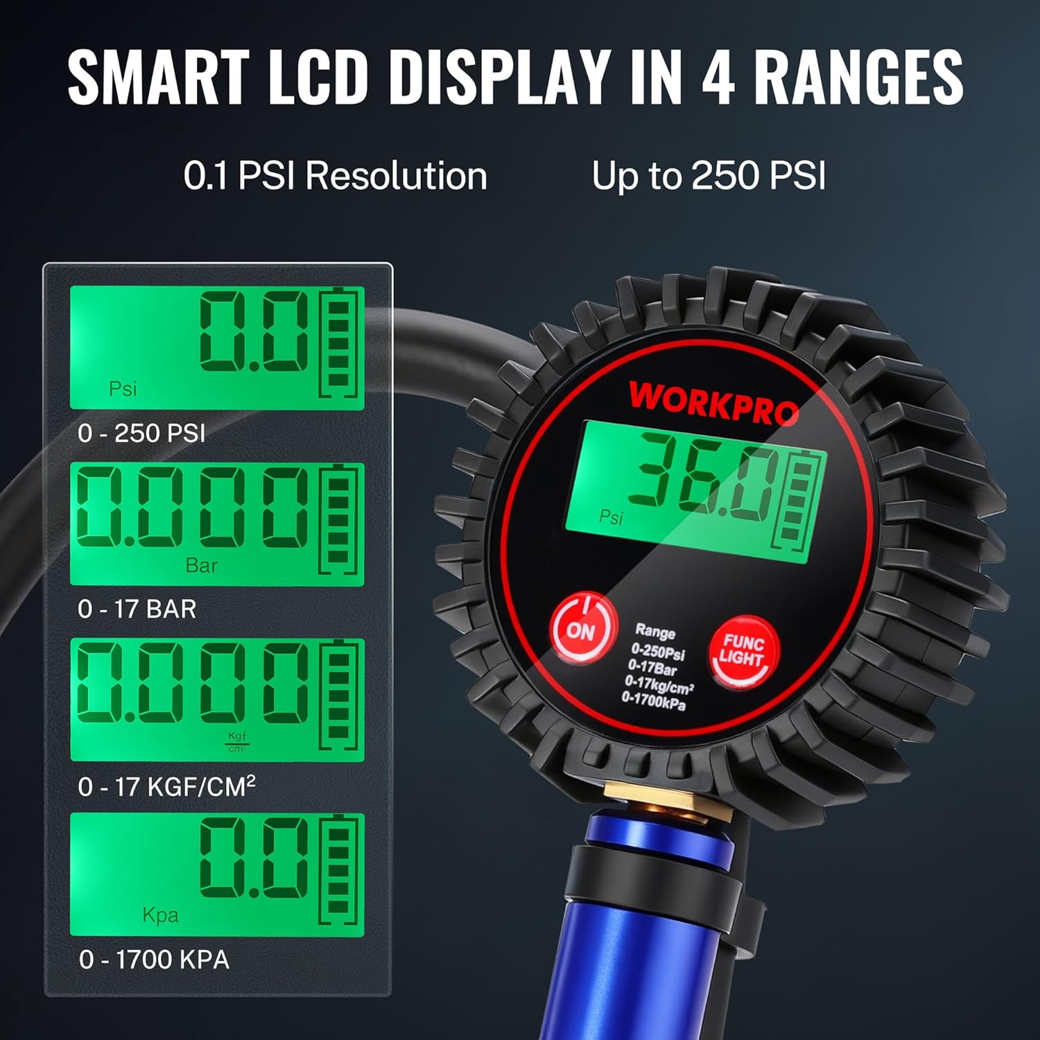 Digital tire pressure gauge with backlit LCD display and rubber-protected housing