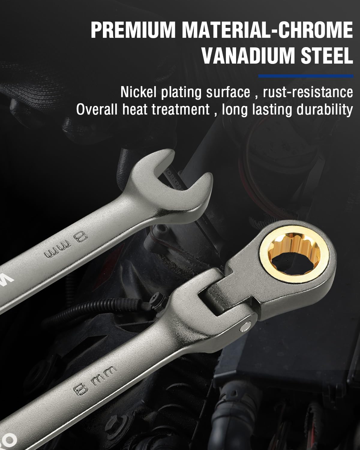 8 mm ratcheting combination wrench with nickel-plated finish and open-end jaw