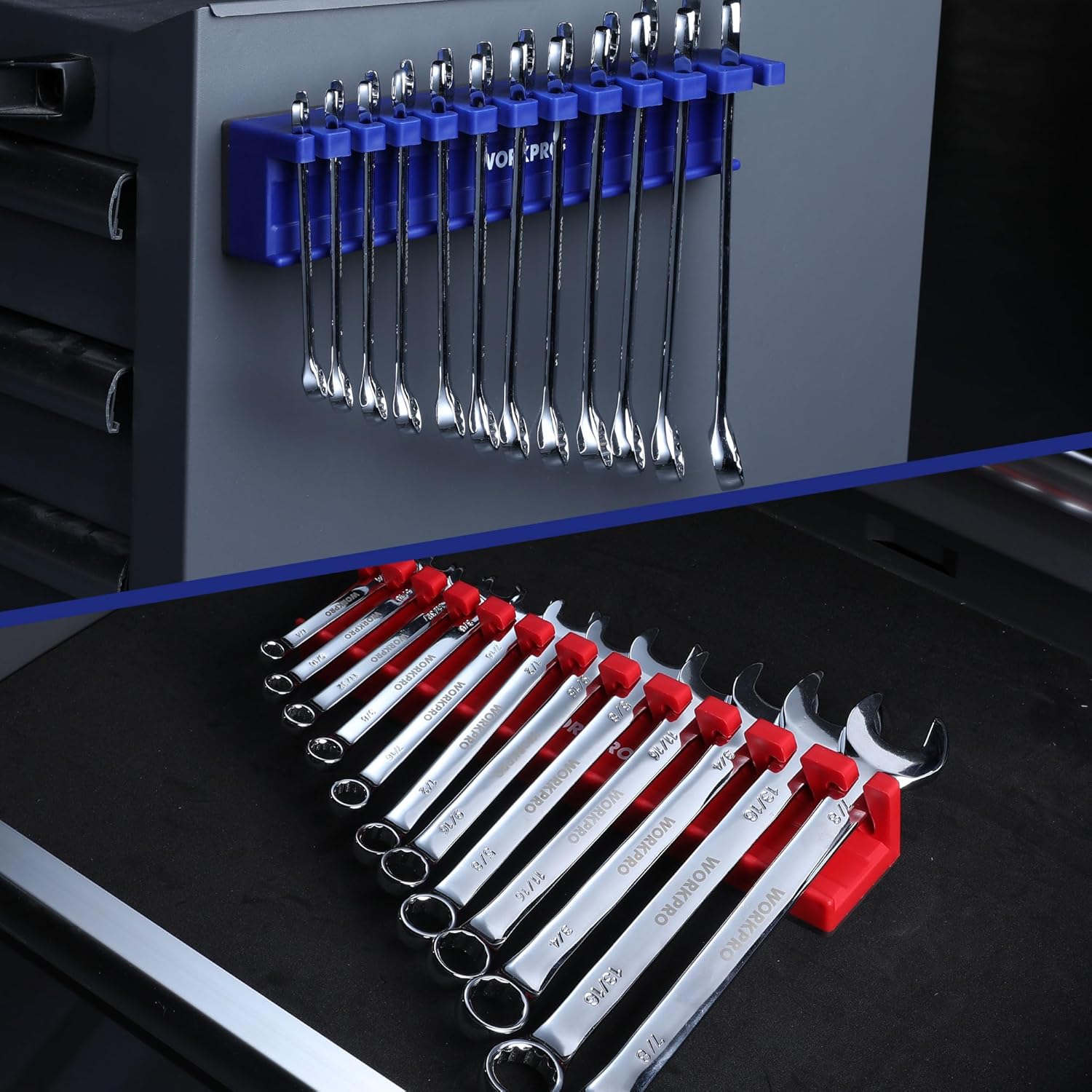 Two-color magnetic wrench rack set with blue and red holders, chrome wrenches stored
