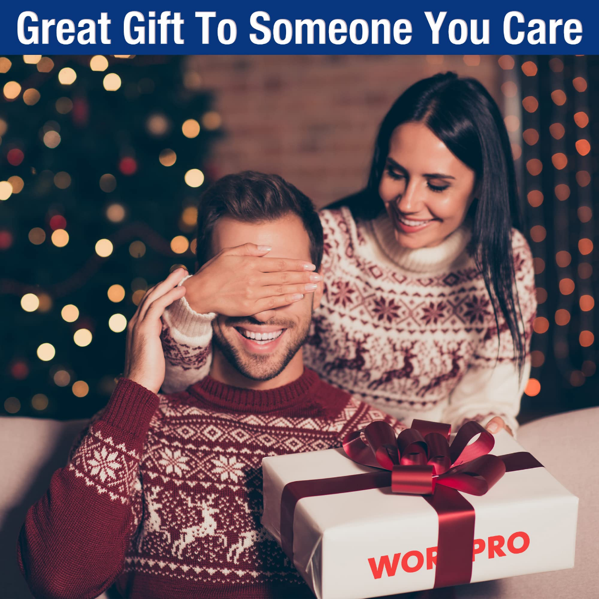 WORKPRO power tool gift box with red ribbon on a white-and-orange branded package