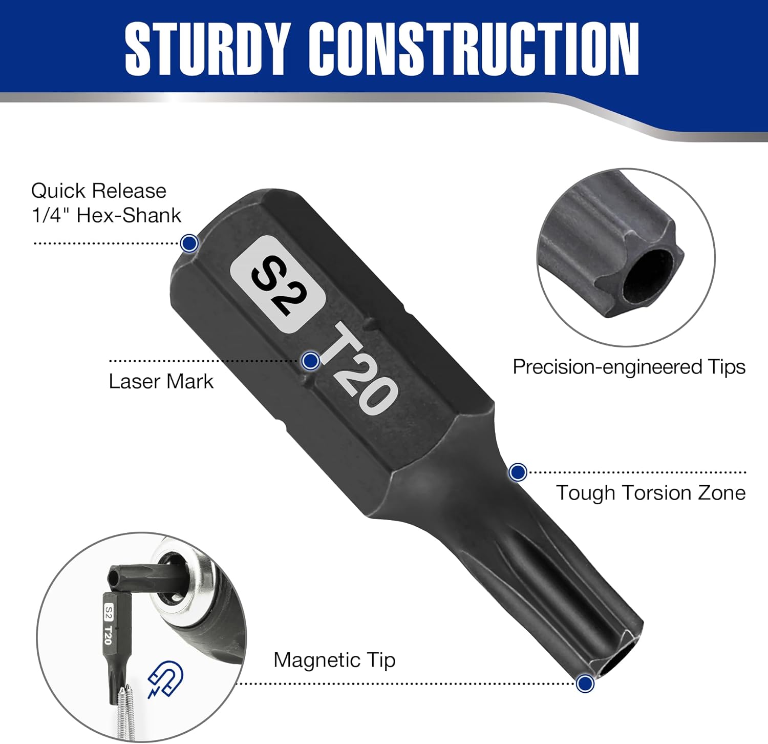 Magnetic S2 tamper-proof Torx bit, black, shows S2 T20 and 1/4in hex-shank