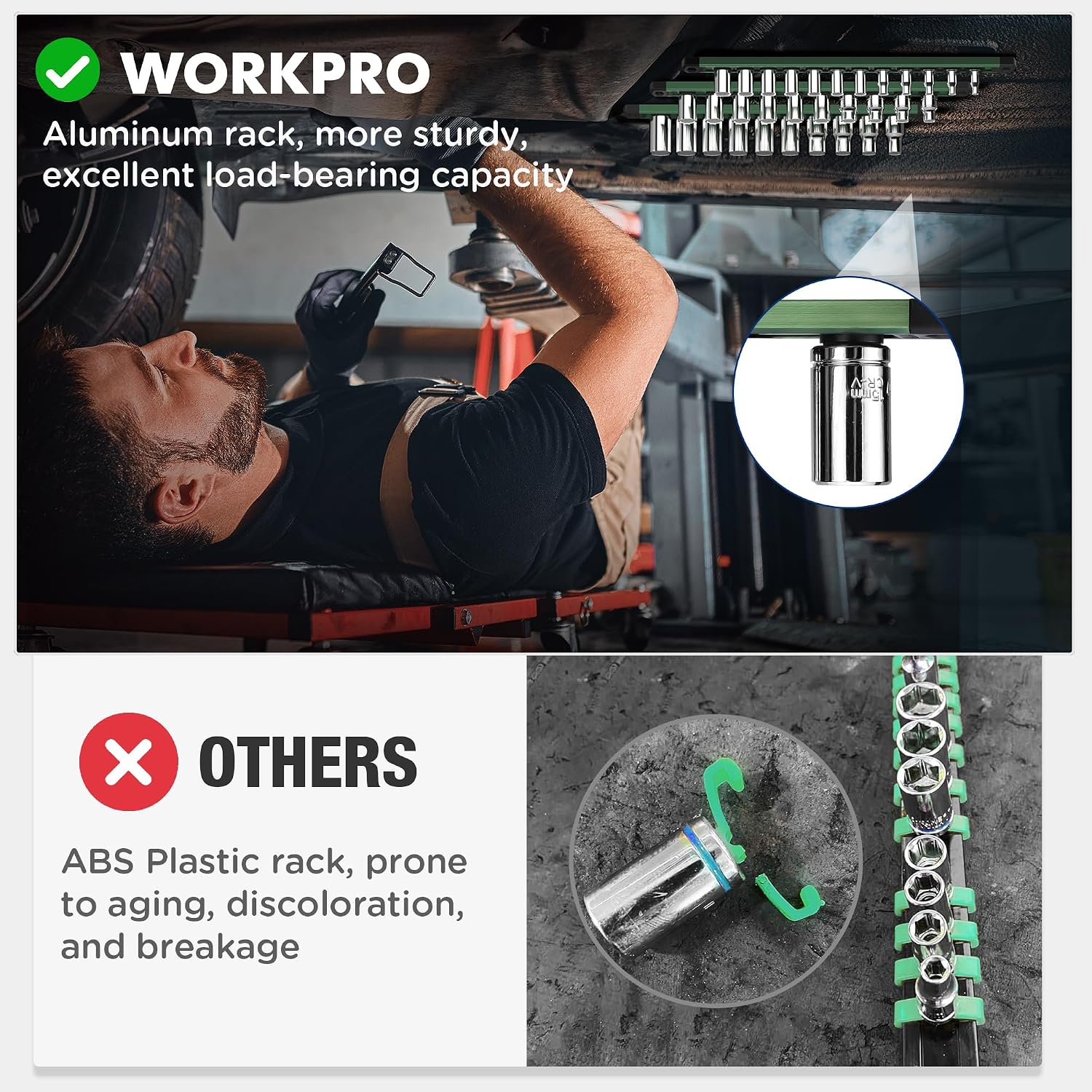 Green aluminum socket organizer rack with black clips and chrome sockets, shown in a workshop scene