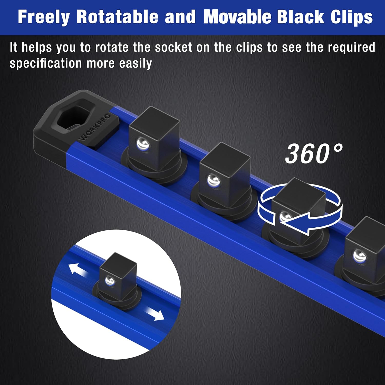 Black rotatable socket clips on a blue magnetic rail for easy access
