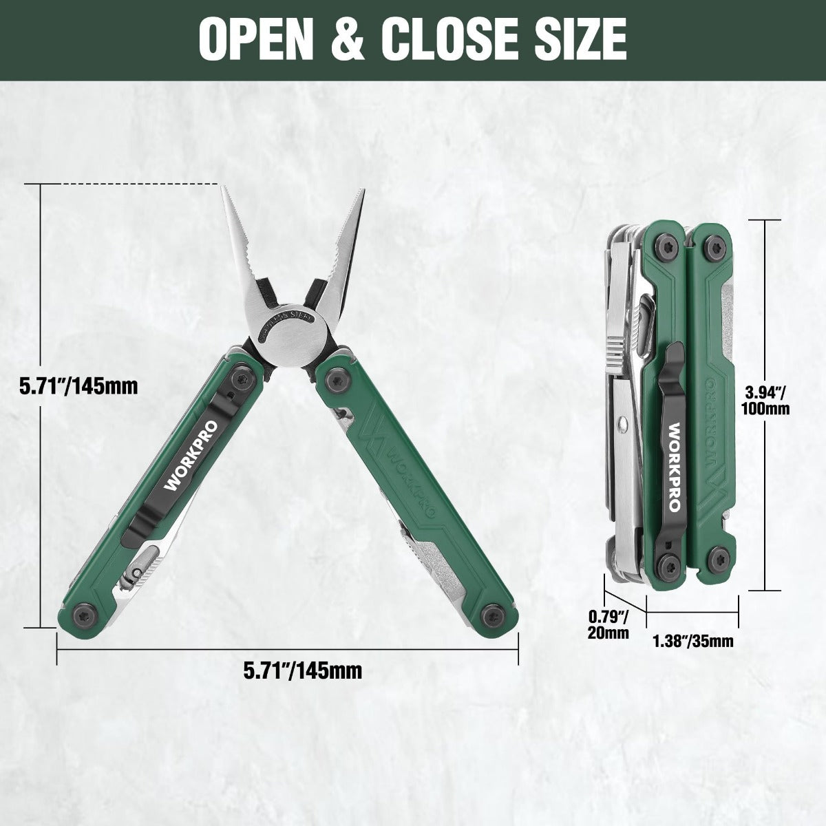 18-in-1 multi tool pliers, green with plier jaws and built-in side tools