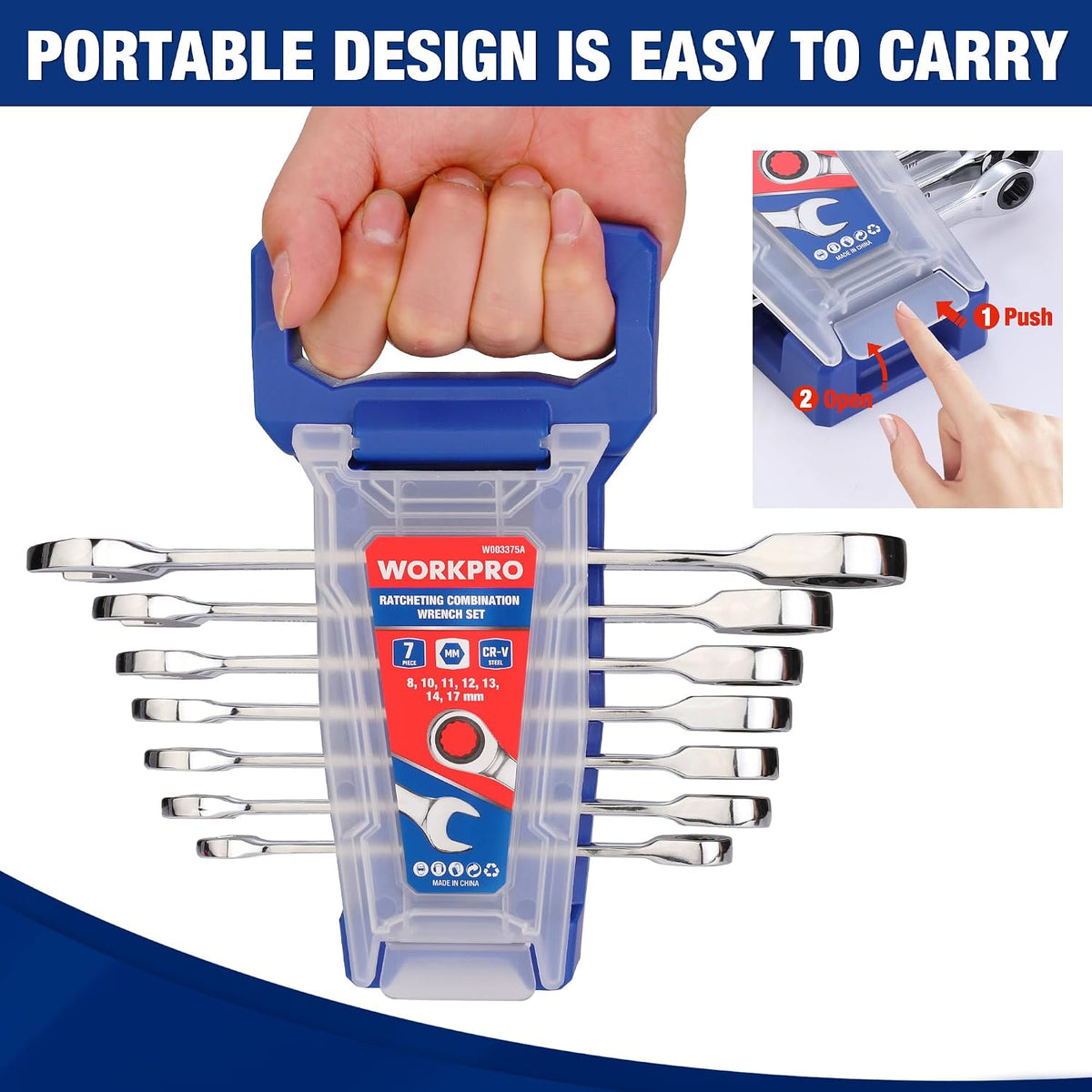 WORKPRO Ratcheting Wrench Set, Metric, 7-piece Ratcheting Combination Wrench Set, 8mm, 10mm, 11mm, 12mm, 13mm, 14mm, 17mm, 12-Point, CR-V Steel, with Organizer Rack