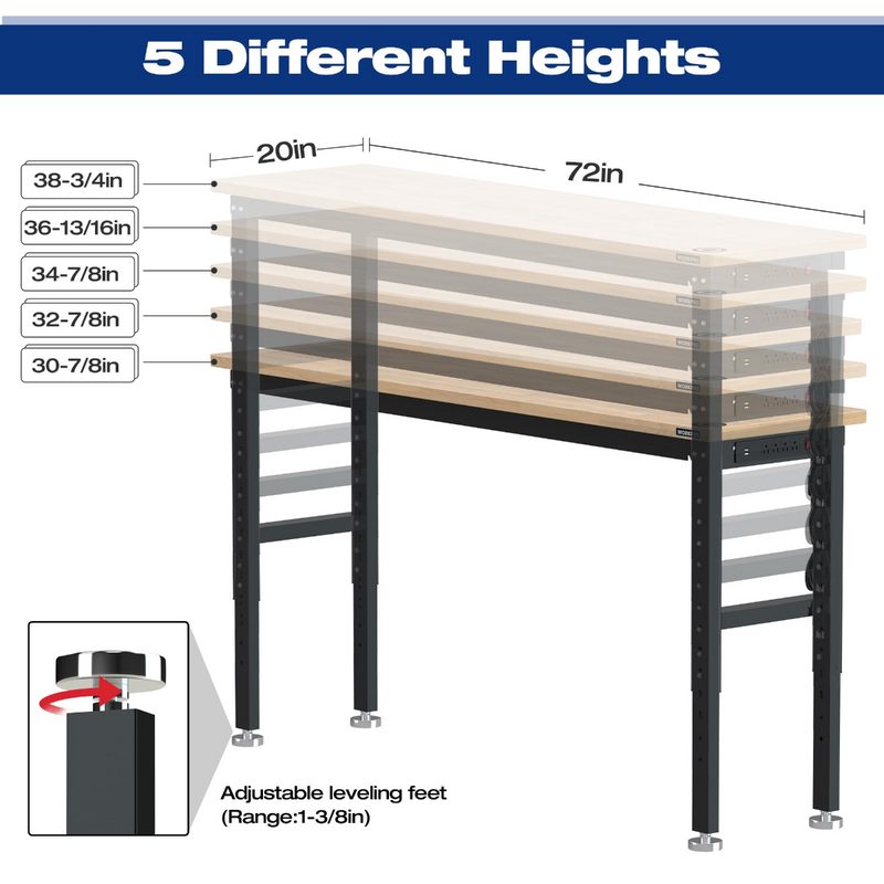 WORKPRO 72" Adjustable Workbench 3000 LBS Load Capacity with Power Outlets