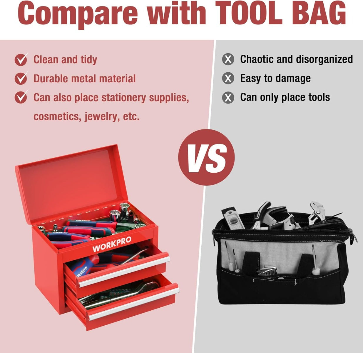 Red WORKPRO mini metal tool box shown beside a black tool bag comparison