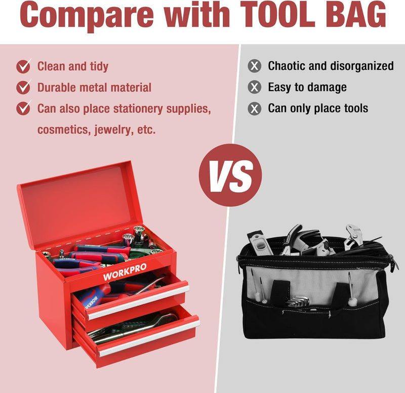 WORKPRO Mini Metal Tool Box with 2 Drawers and Top Storage - Gifts for