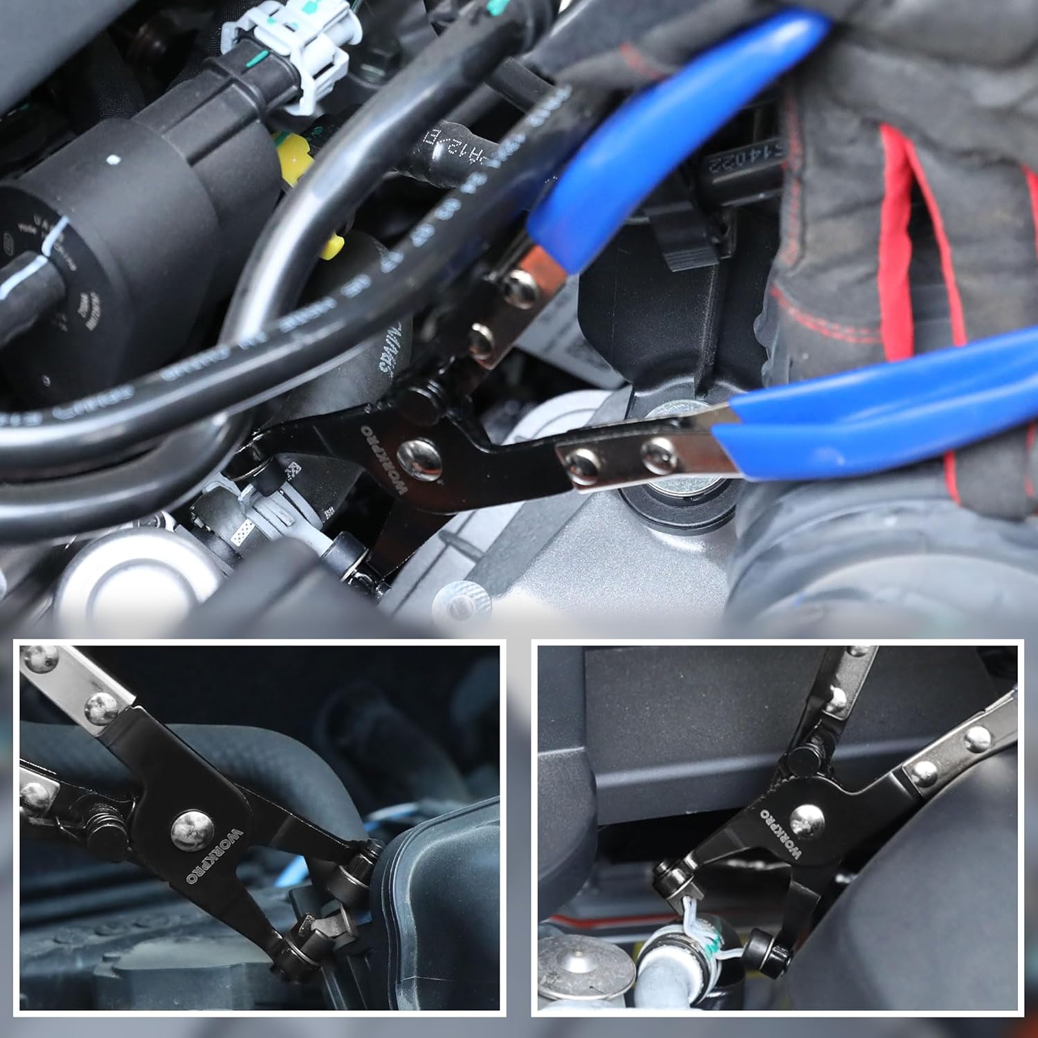 Hose clamp pliers fitted on an engine hose with blue handles and metal jaws
