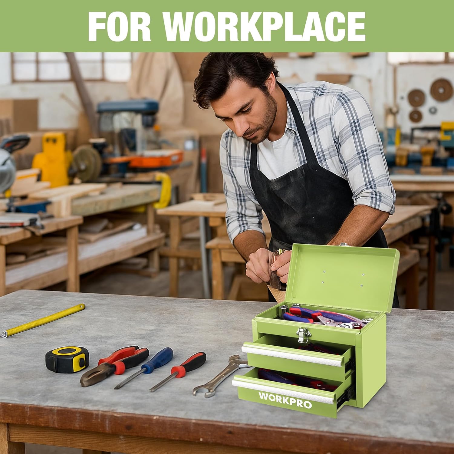 Lime green portable mini tool box with open lid and two drawers on a workbench