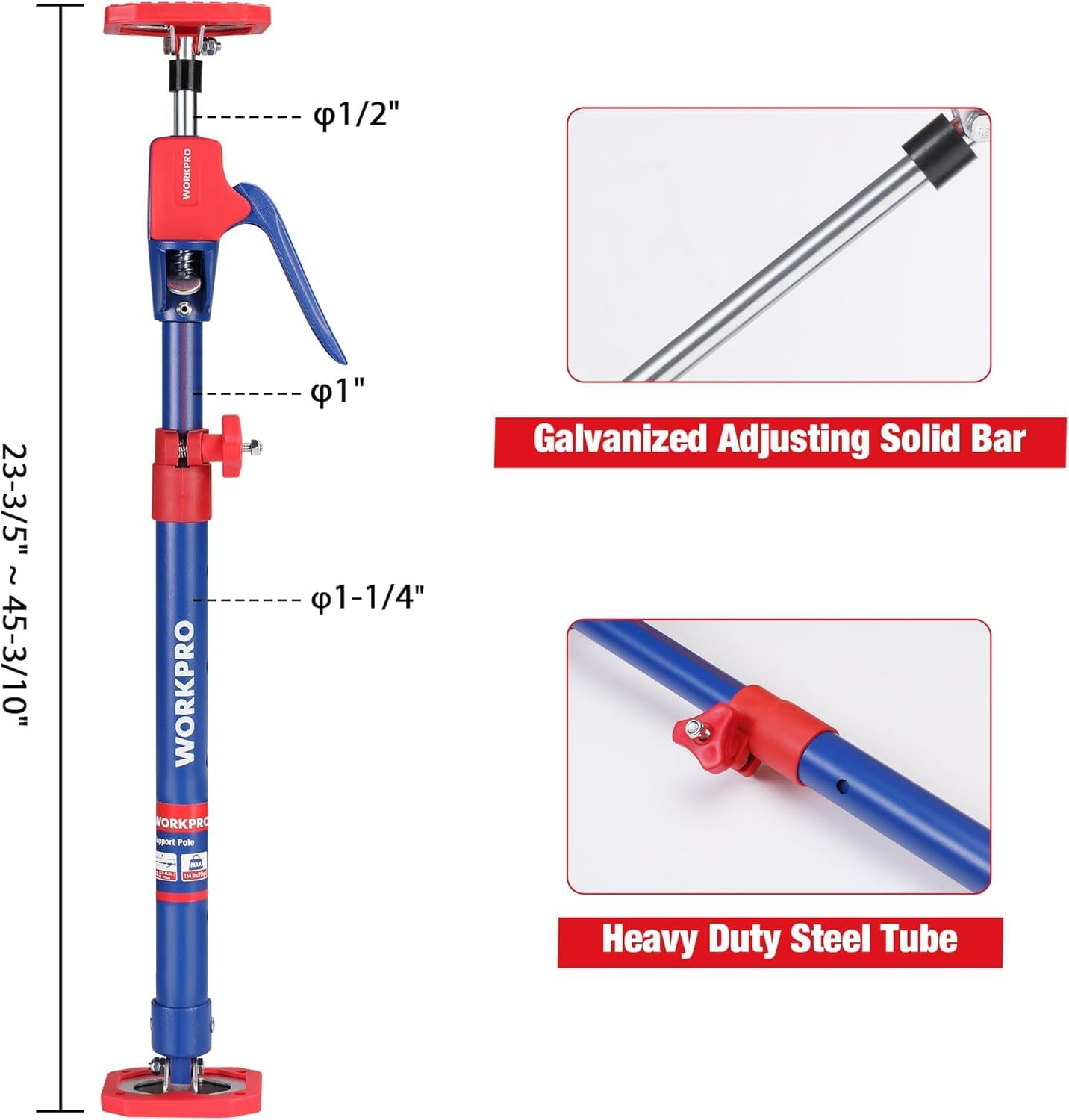 Adjustable steel telescopic support pole with red handle, blue tube, and round base