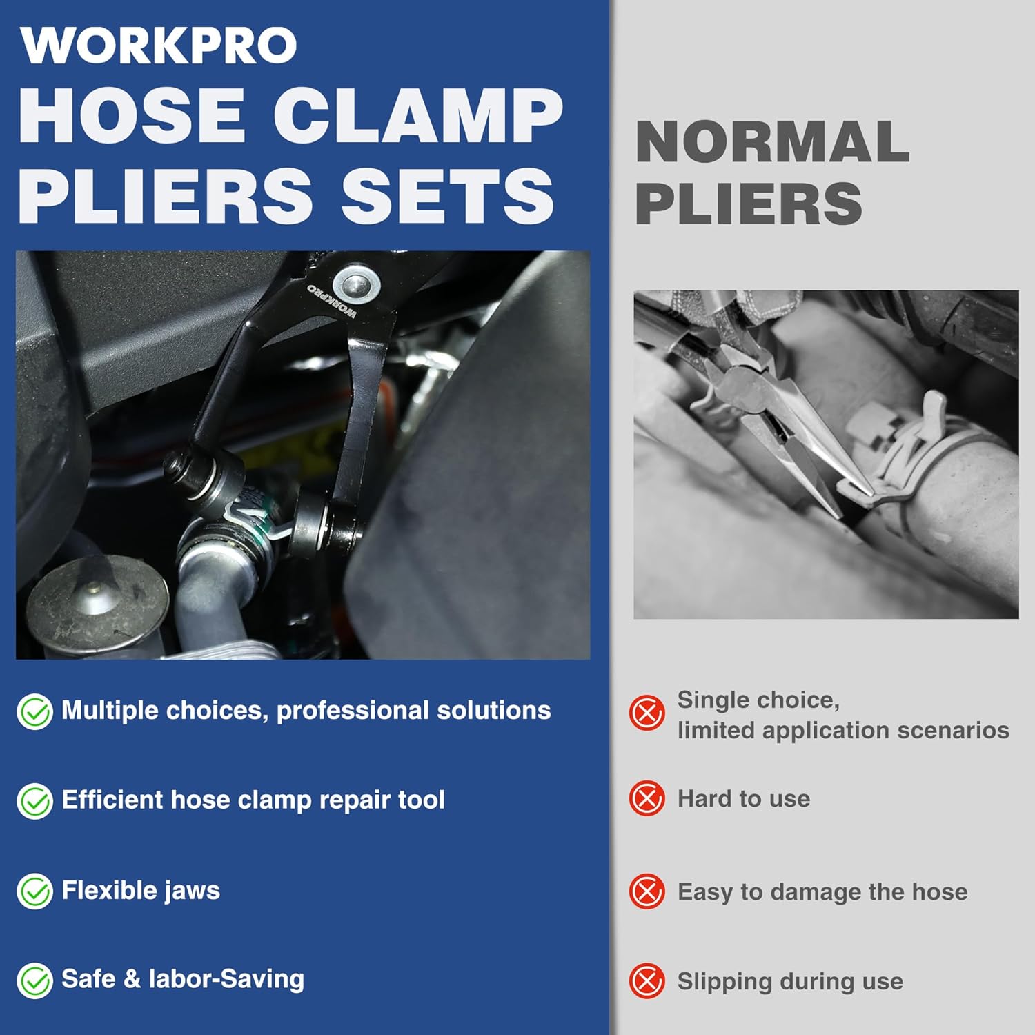 Hose clamp pliers set with blue-and-black flexible jaws, plus storage pouch