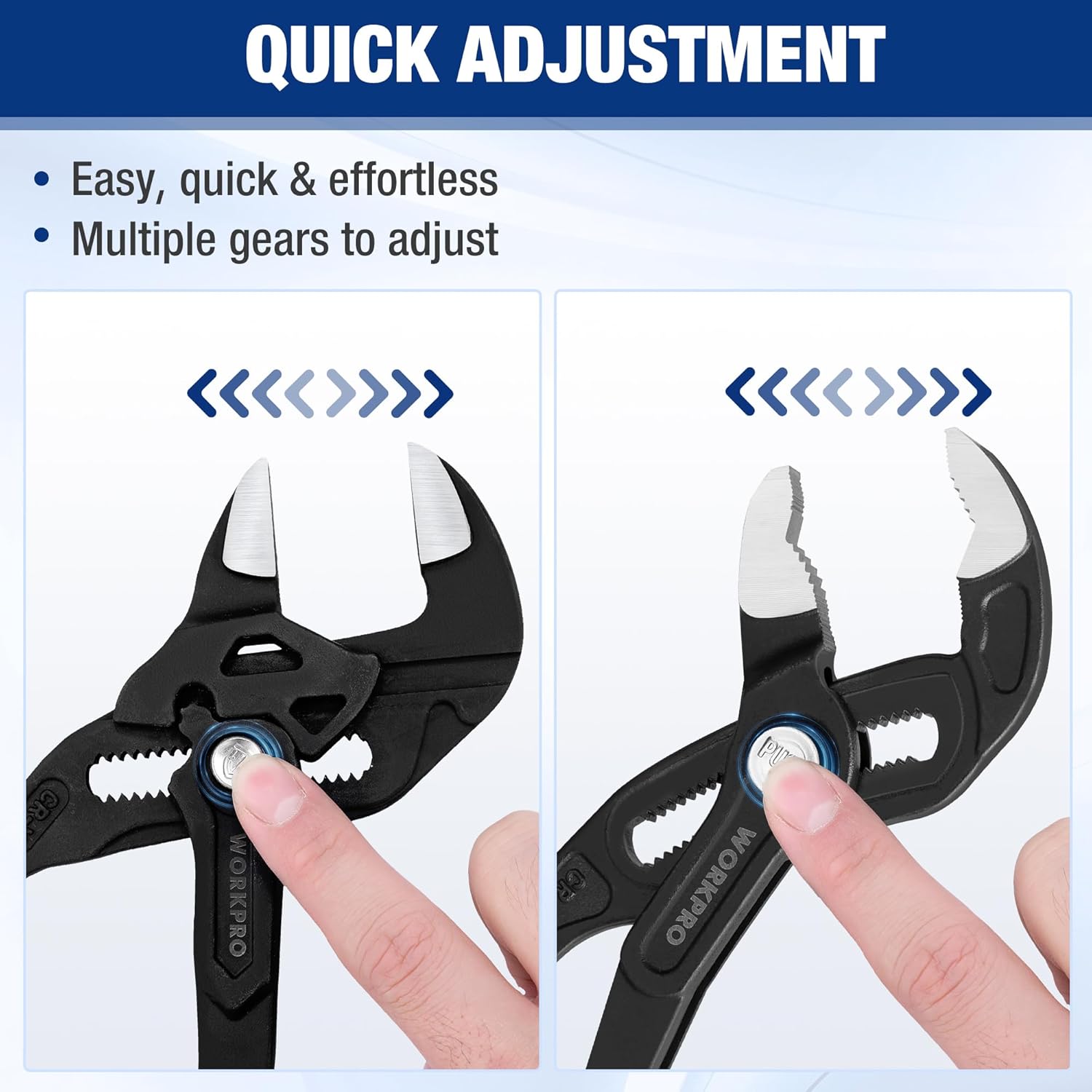 Blue-and-black adjustable pliers showing quick gear adjustment and thumb control