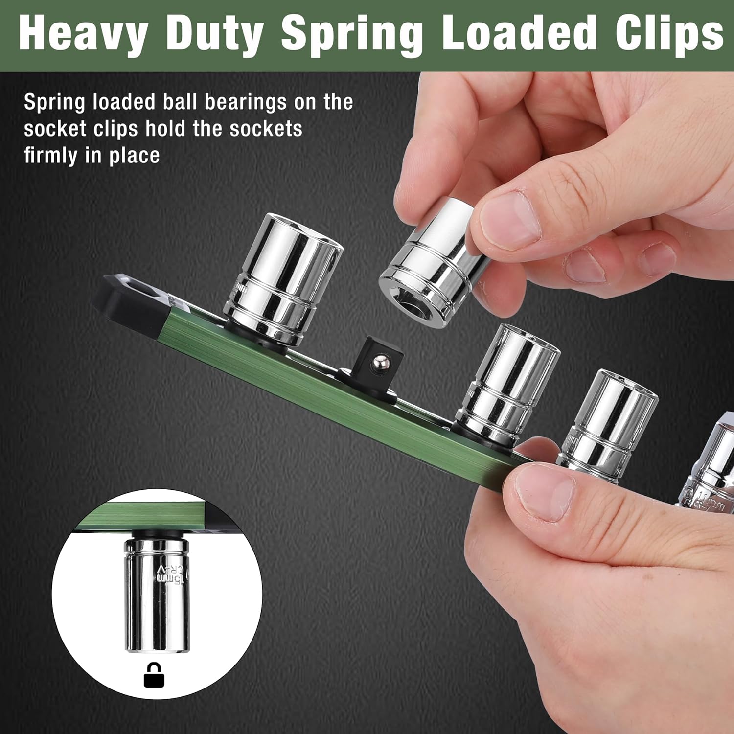 Green magnetic socket rail with spring-loaded black clips holding sockets firmly