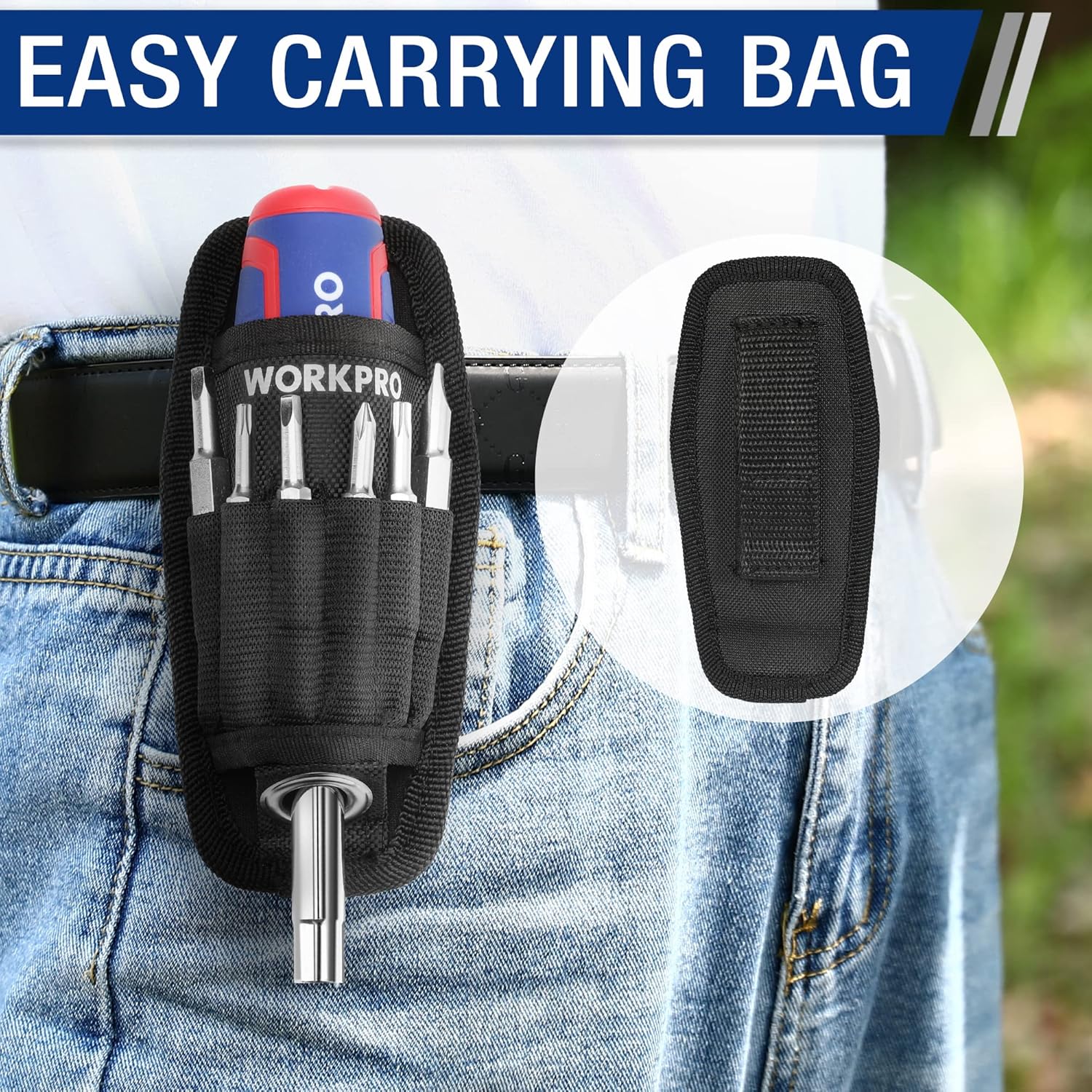 Black fabric carrying bag holding a multi-bit screwdriver and storage slots